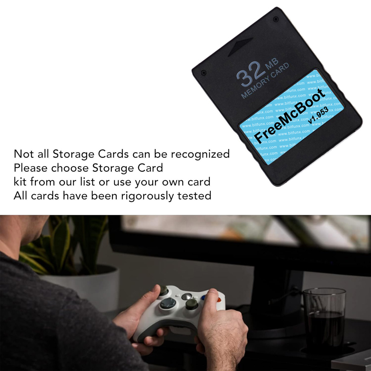 Eine 32MB Speicherkarte mit FreeMcBoot und ein Spieler mit weißem Controller vor einem Monitor.