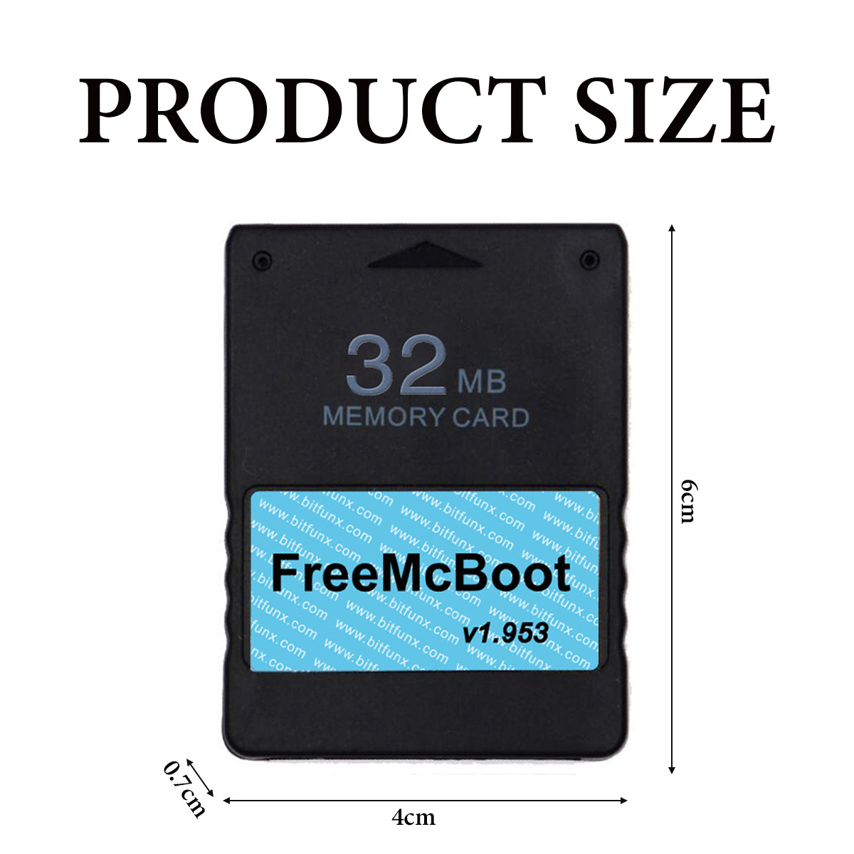 Schwarze 32MB Speicherkarte mit FreeMcBoot v1.953 Label und Maßen von 6cm mal 4cm.