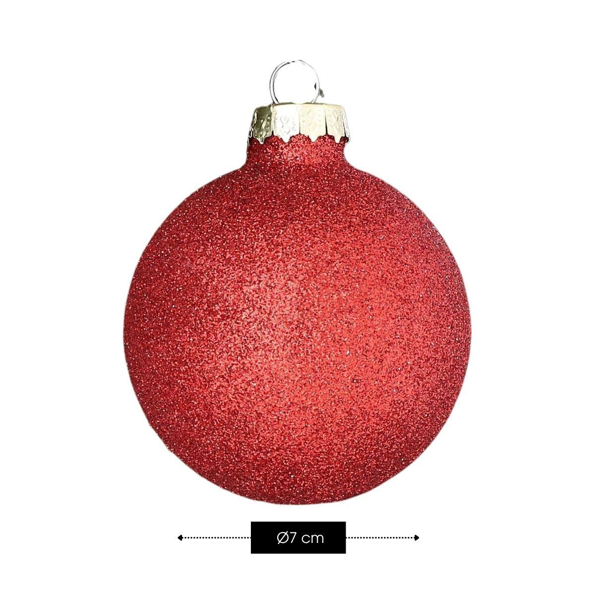 Glittering red Christmas ornament ball with a 7 cm diameter on a white background.