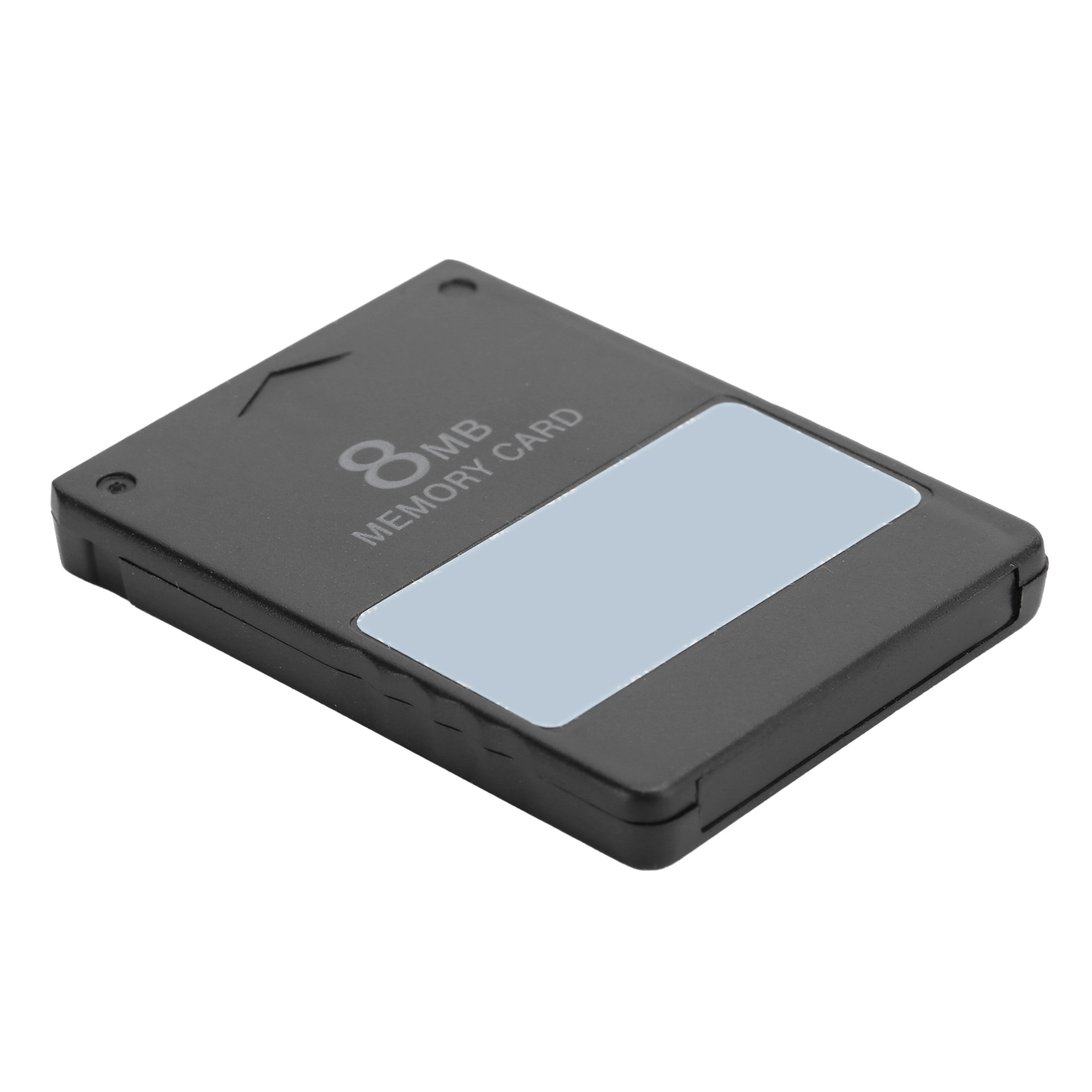 Eine schwarze 8MB Speicherkarte mit hellem Etikett auf weißem Grund.
