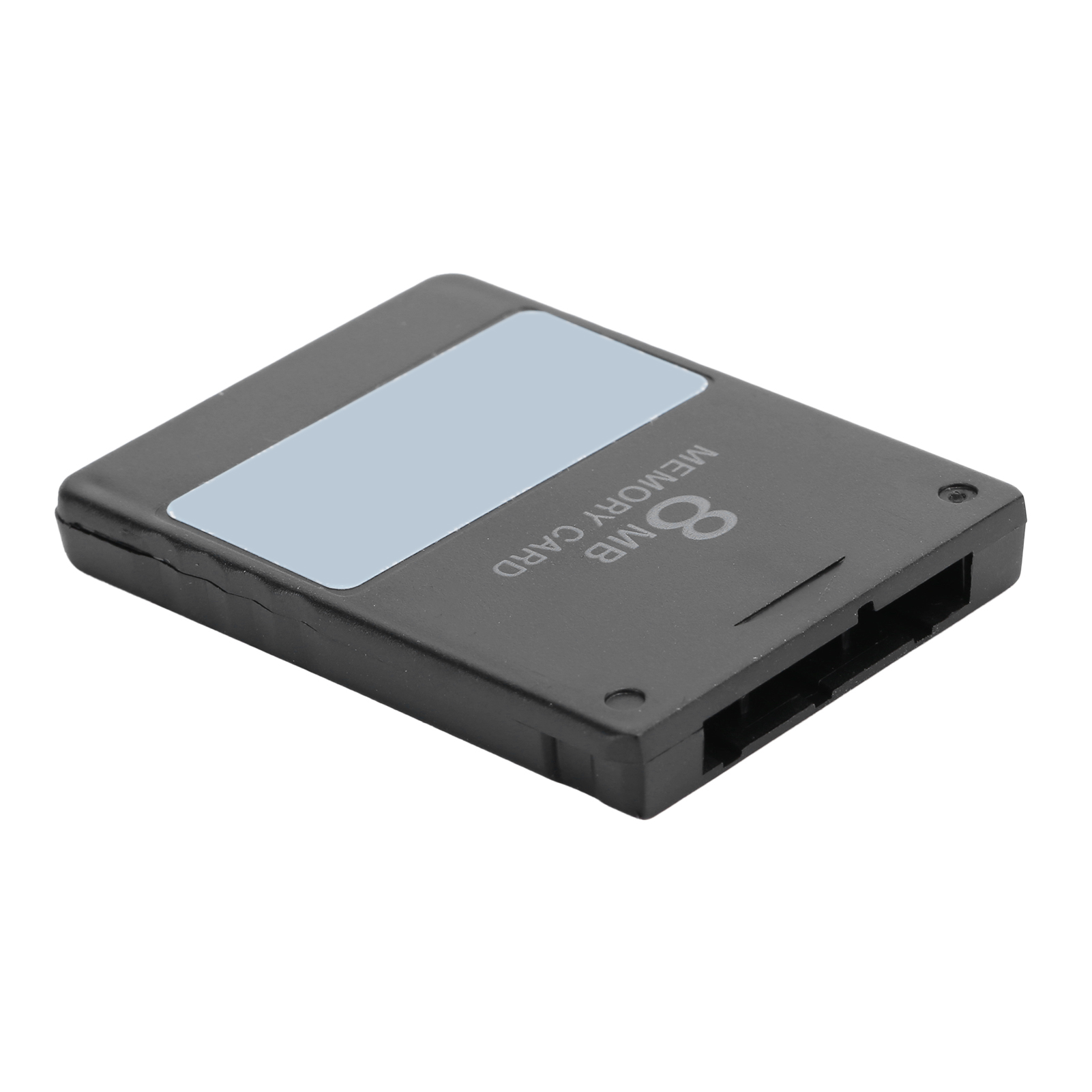 Eine schwarze 8MB Speicherkarte mit einem grauen Etikett auf einer weißen Oberfläche.