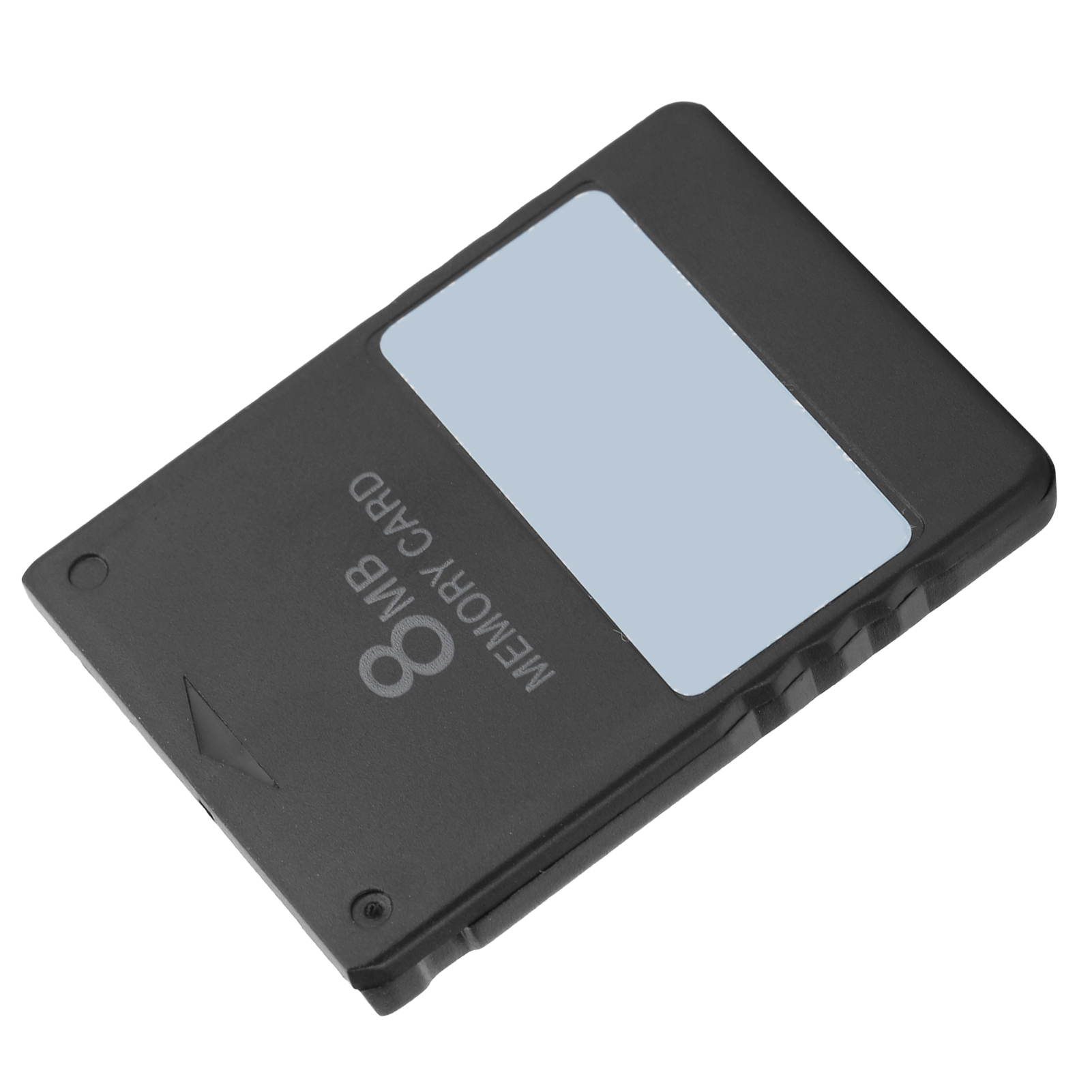 Eine schwarze 8MB Speicherkarte mit einem grauen Etikett auf einer weißen Oberfläche.
