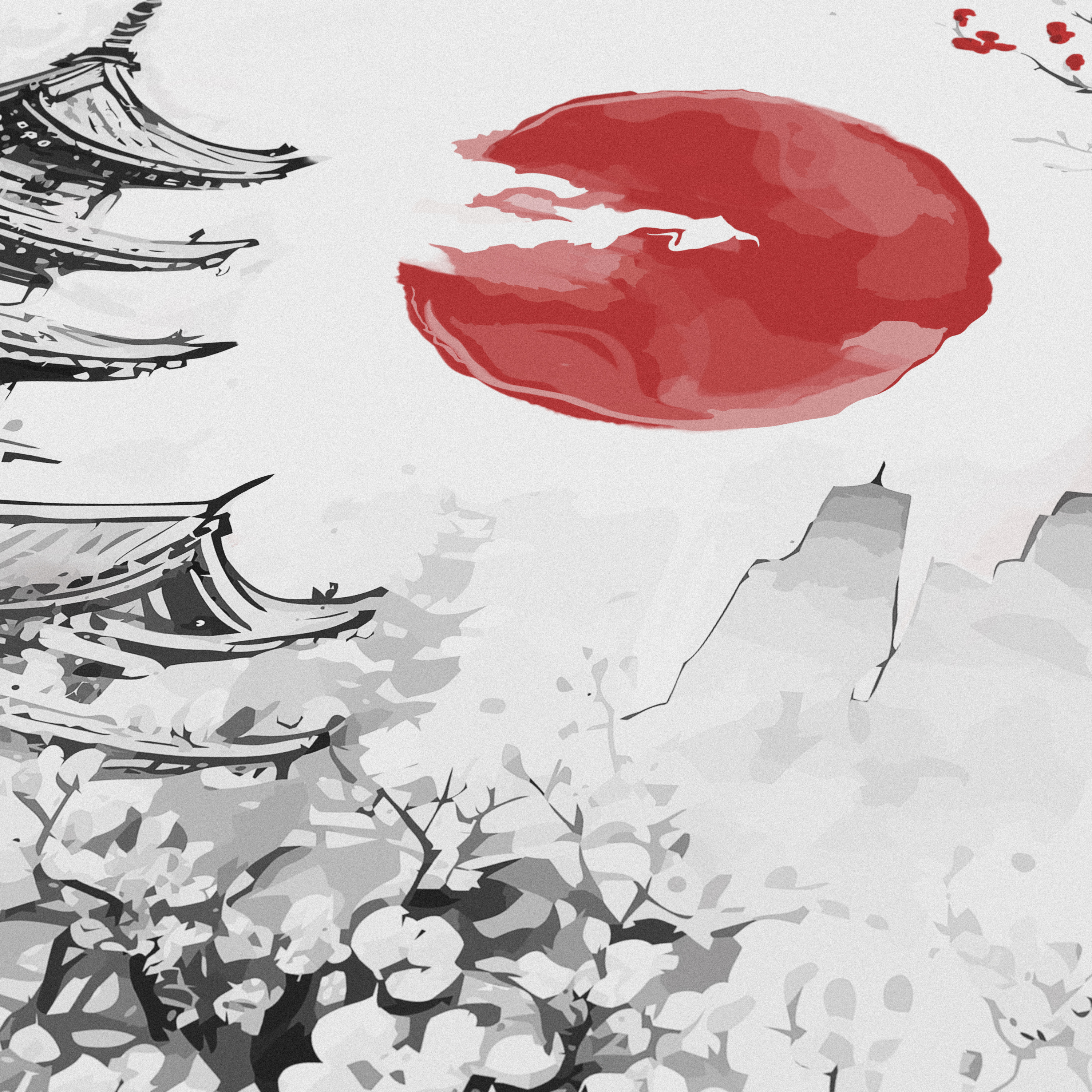 Japanische Tuschzeichnung mit roter Sonne, Pagode und Bergen.