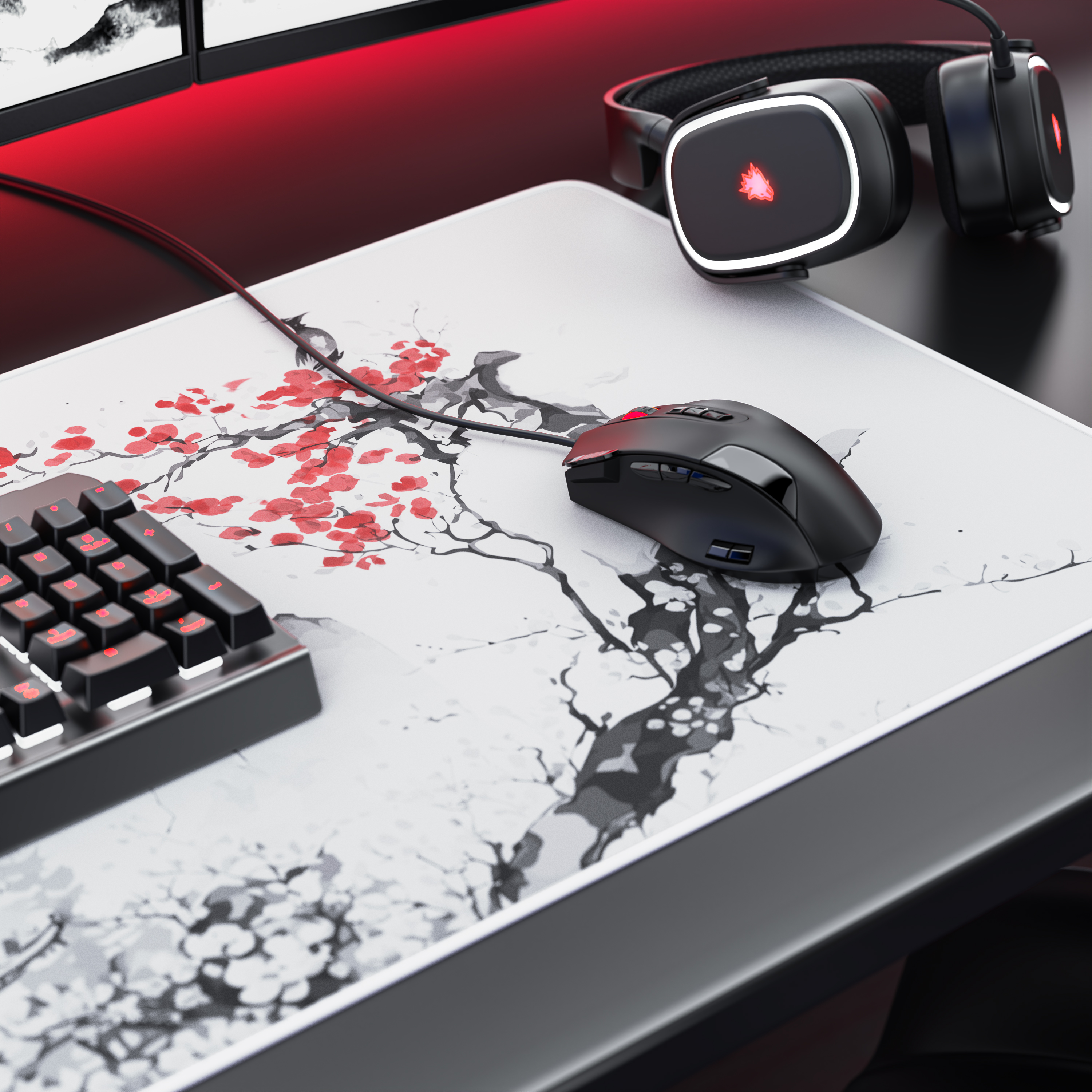 Eine schwarze Gaming-Maus, Tastatur und ein Headset liegen auf einem weißen Mauspad mit Kirschblütenmotiv.