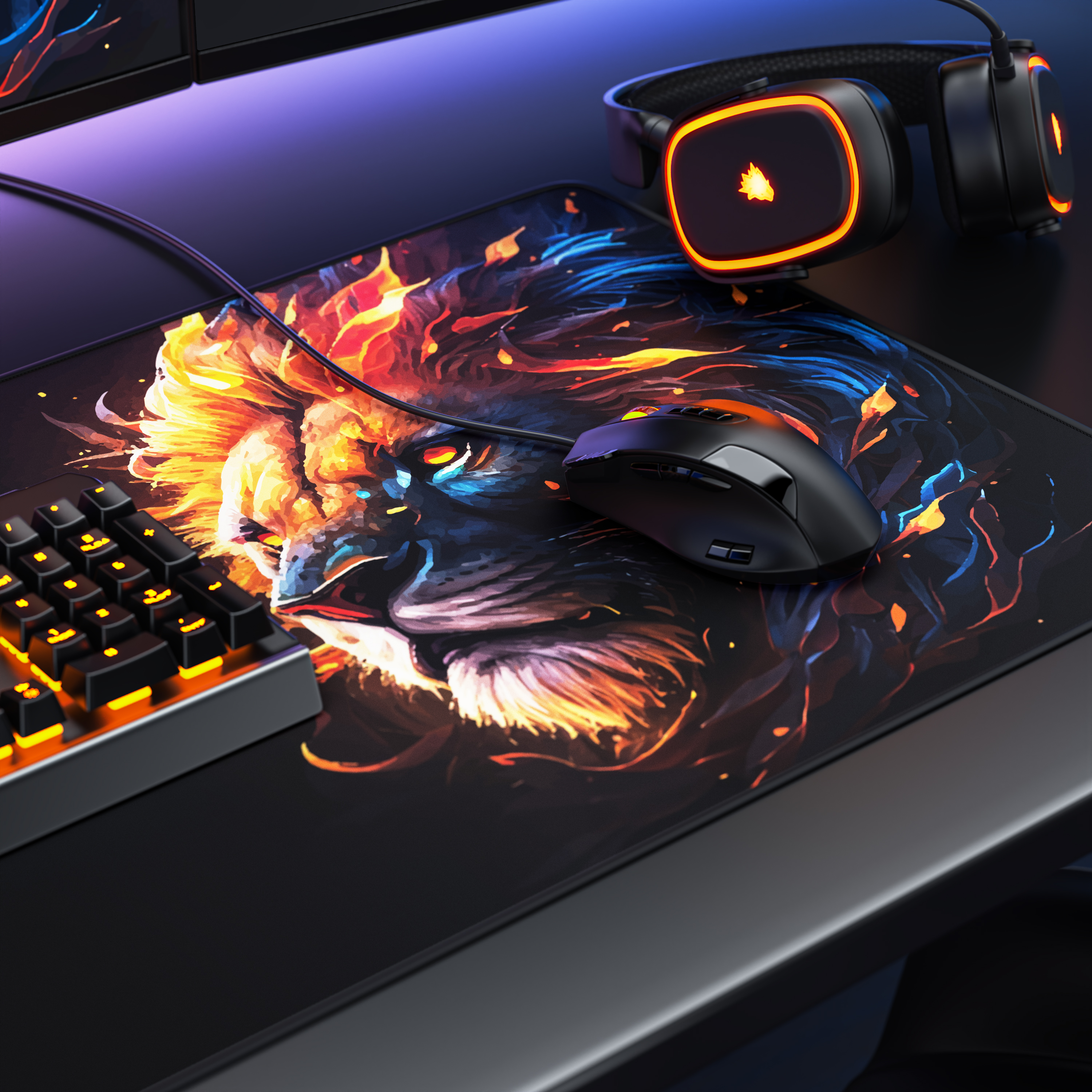 Gaming-Schreibtisch mit Mauspad mit Löwenmotiv, Tastatur, Gaming-Maus und leuchtenden Kopfhörern.