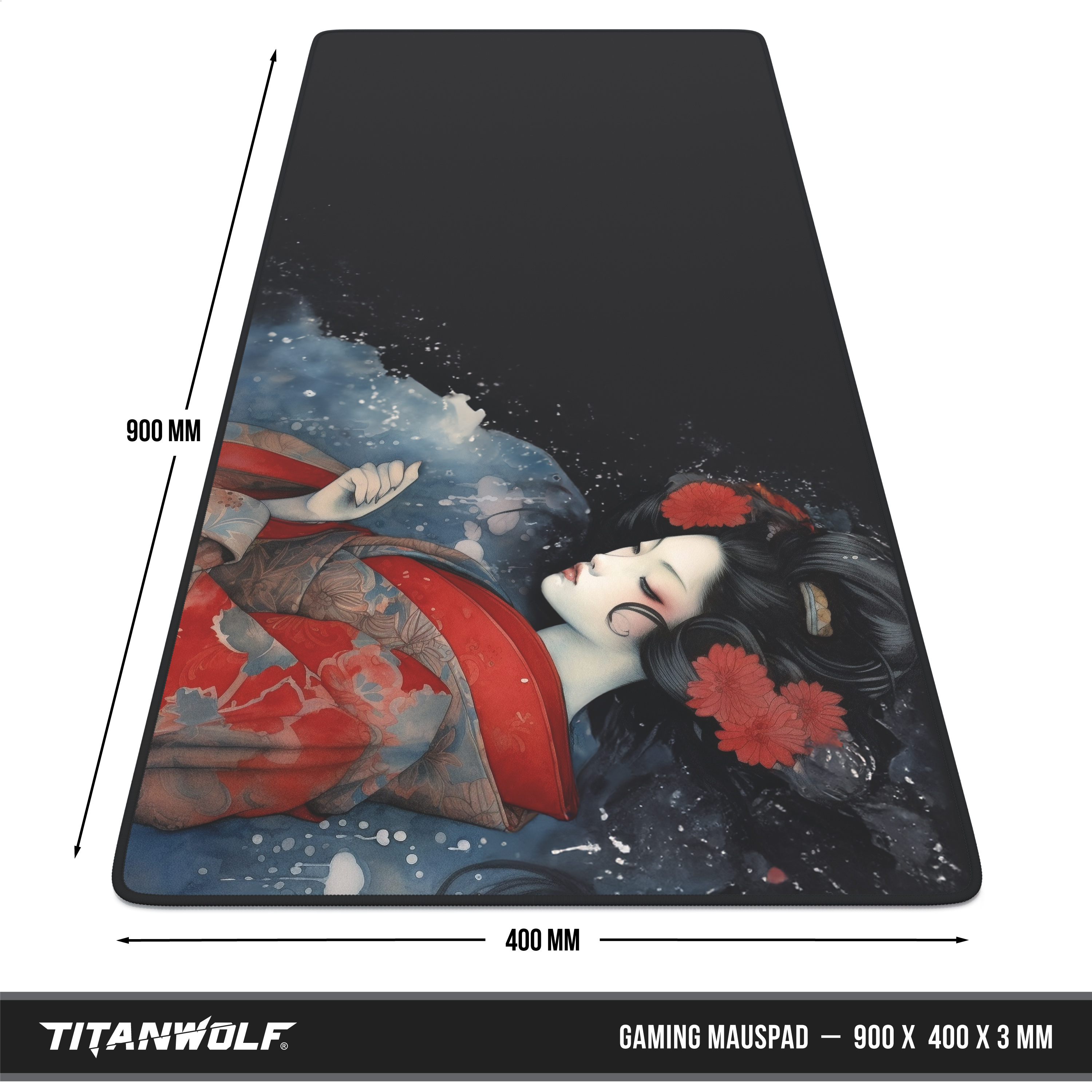 Schwarzes Gaming-Mauspad, 900x400 mm, mit einer Anime-Frau im roten Kimono im Wasser.