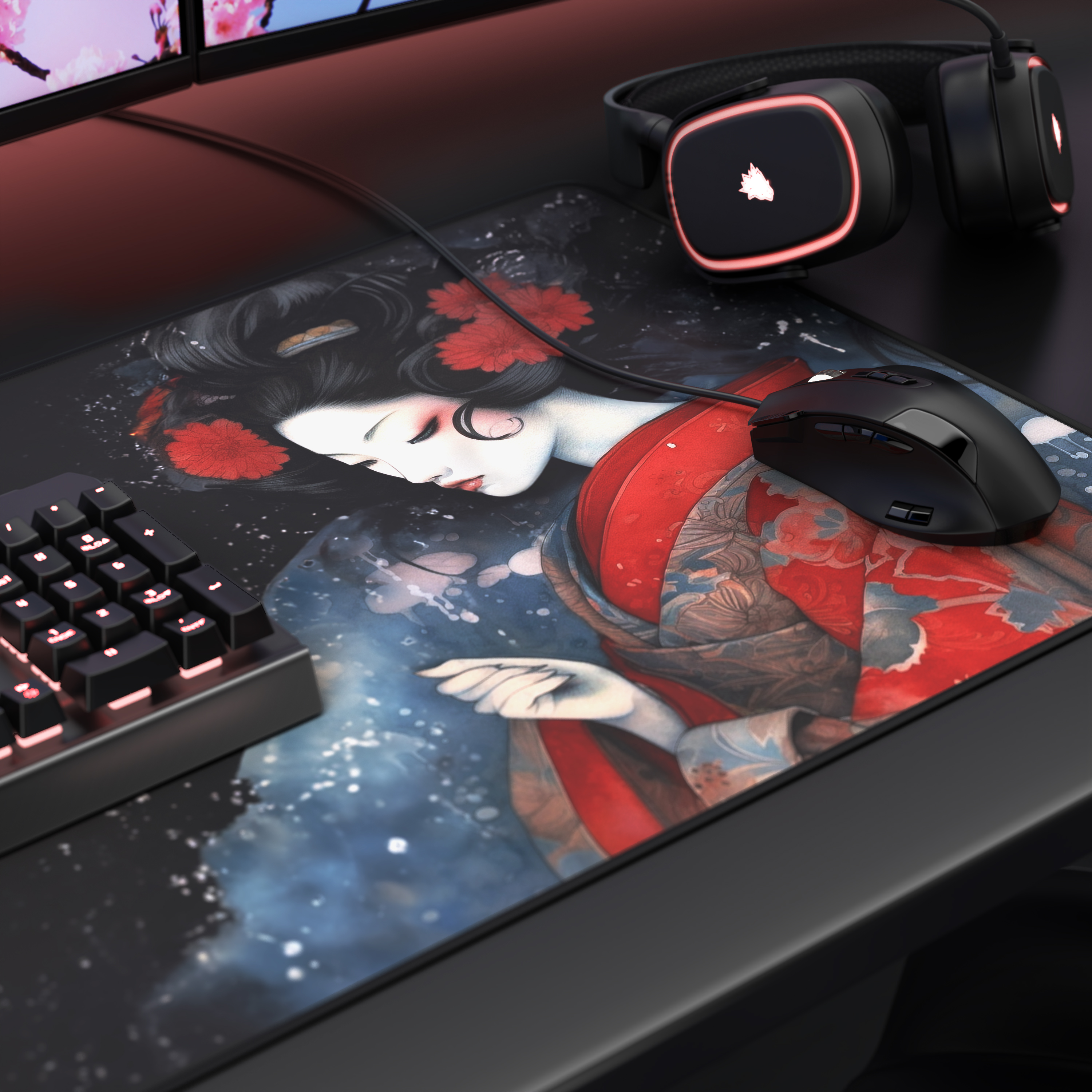 Gaming-Setup mit Mauspad mit Geisha-Motiv, schwarzer Maus, Tastatur und Headset mit rot leuchtenden Akzenten.