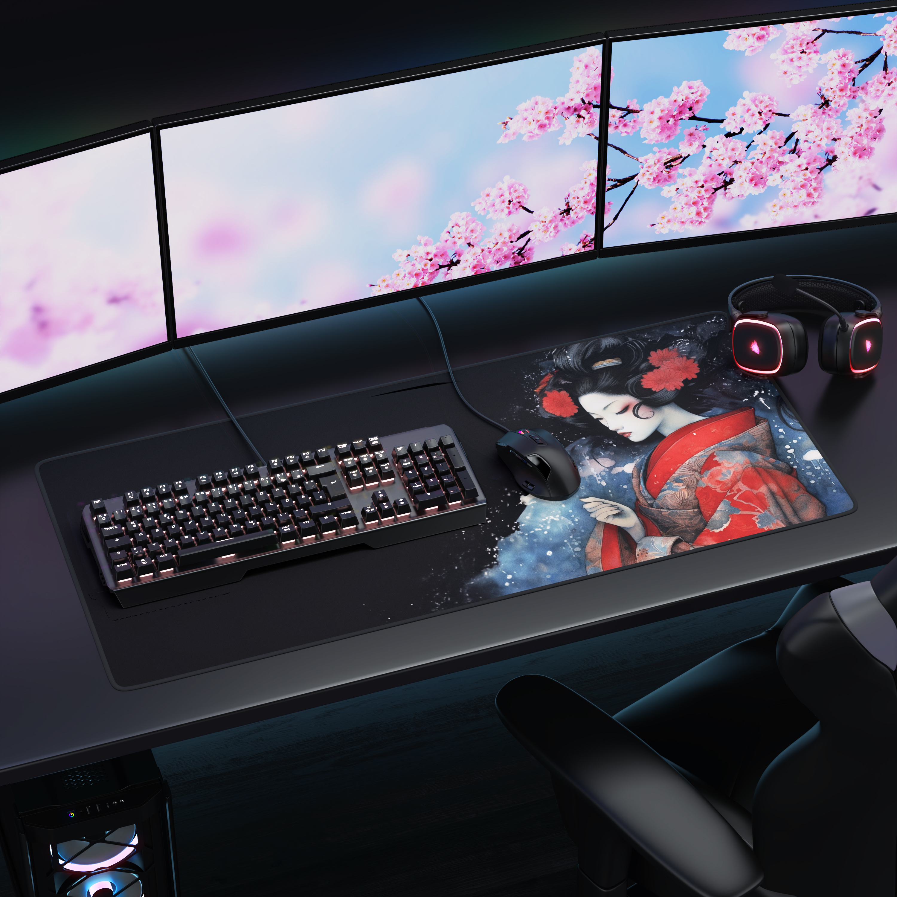 Gaming-Schreibtisch mit drei Monitoren, Tastatur, Maus, geisha-bedrucktem Mauspad, Headset und Stuhl.