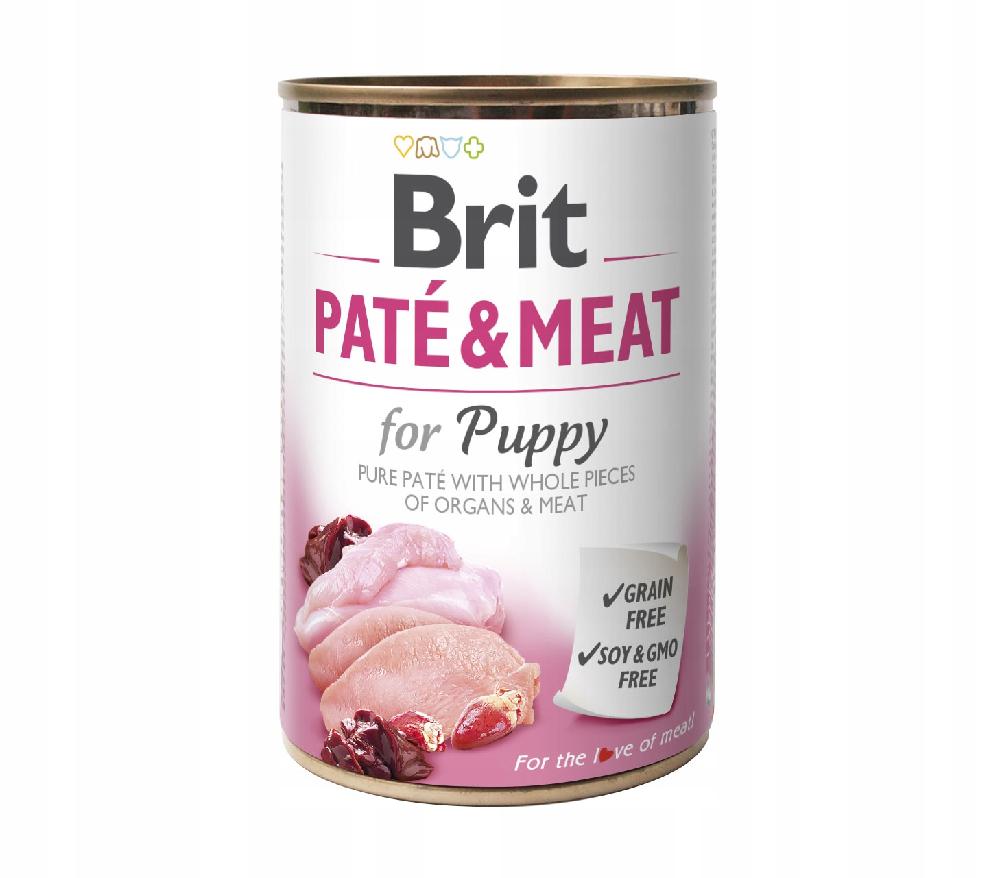 Puszka karmy Brit Paté & Meat dla szczeniąt, z grafiką surowego mięsa i podrobów z przodu.
