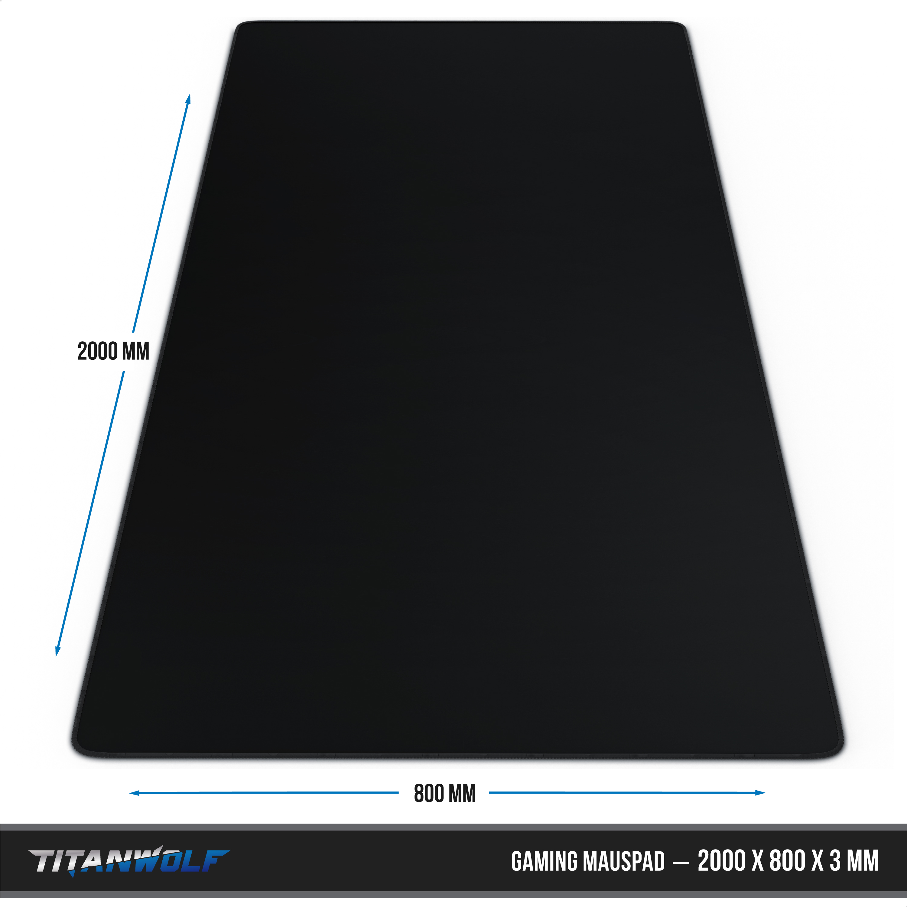 Ein großes, schwarzes Gaming-Mauspad mit Maßen von 2000x800x3 mm und blauen Maßpfeilen auf weißem Grund.