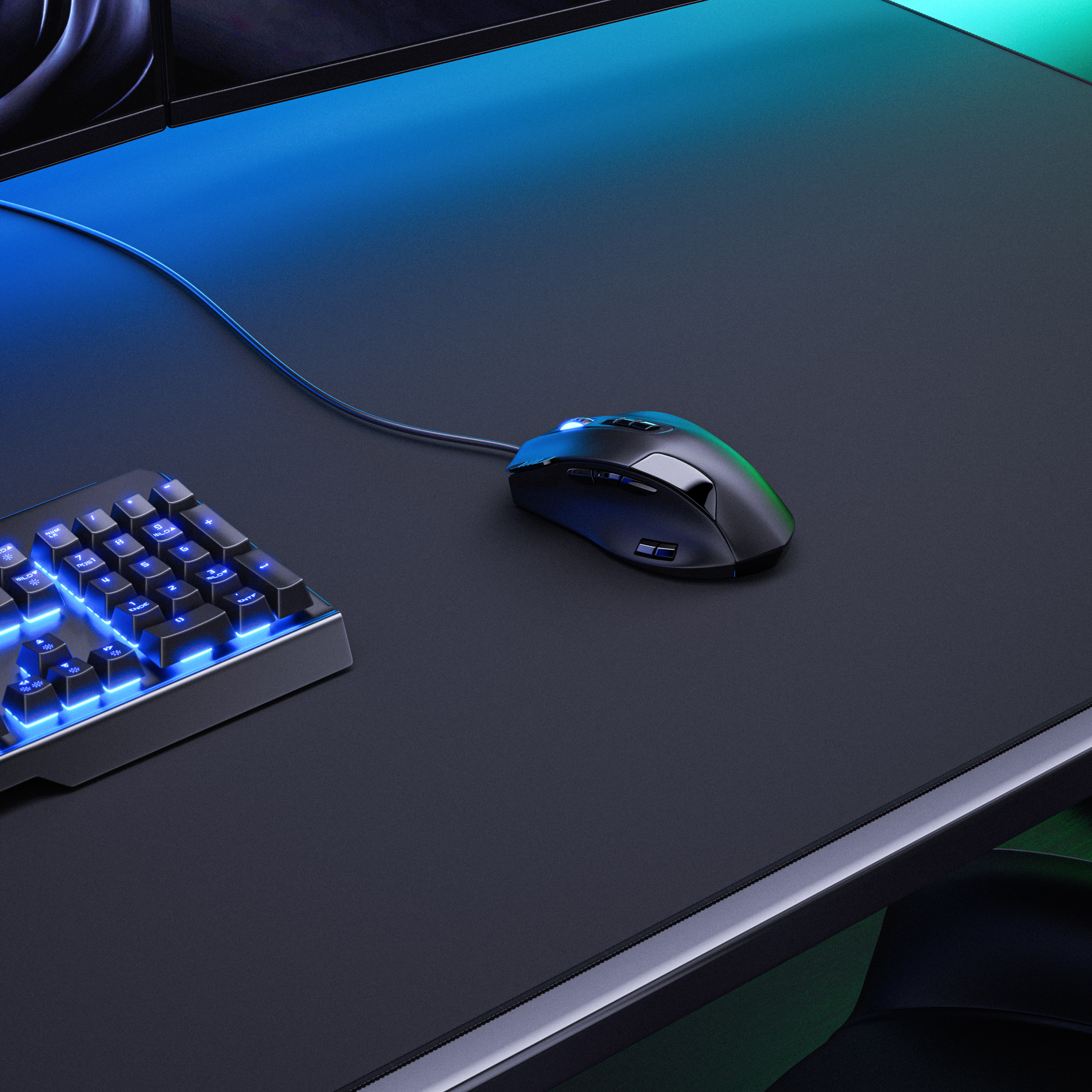 Schwarze Gaming-Maus und Tastatur mit blauer Beleuchtung auf einem Schreibtisch.