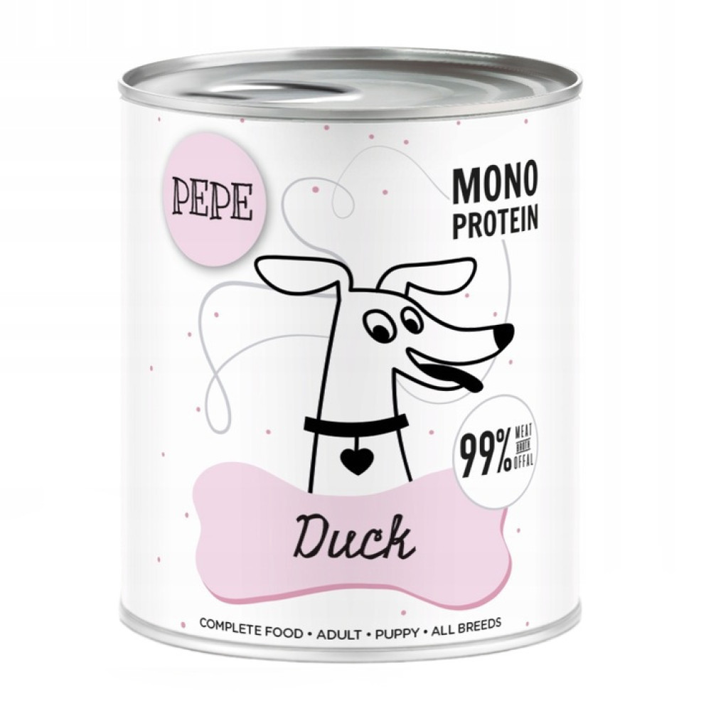Biała puszka z karmą dla psa z napisem 'Pepe Mono Protein Duck' i ilustracją psa.