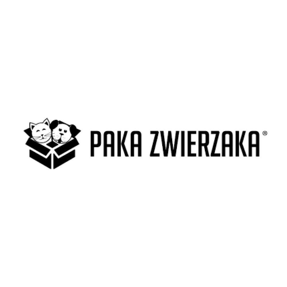 Czarno-białe logo z kotem i psem w pudełku oraz napisem PAKA ZWIERZAKA.