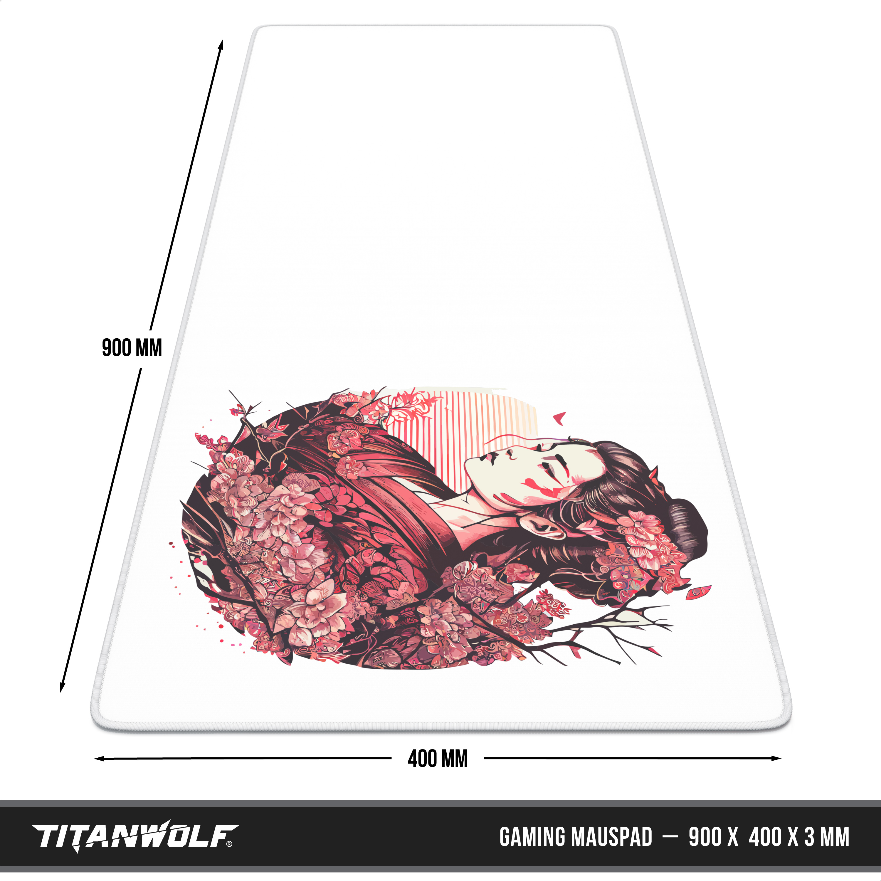 Ein weißes Gaming-Mauspad, 900x400 mm, mit einer Illustration einer Frau und Kirschblüten.