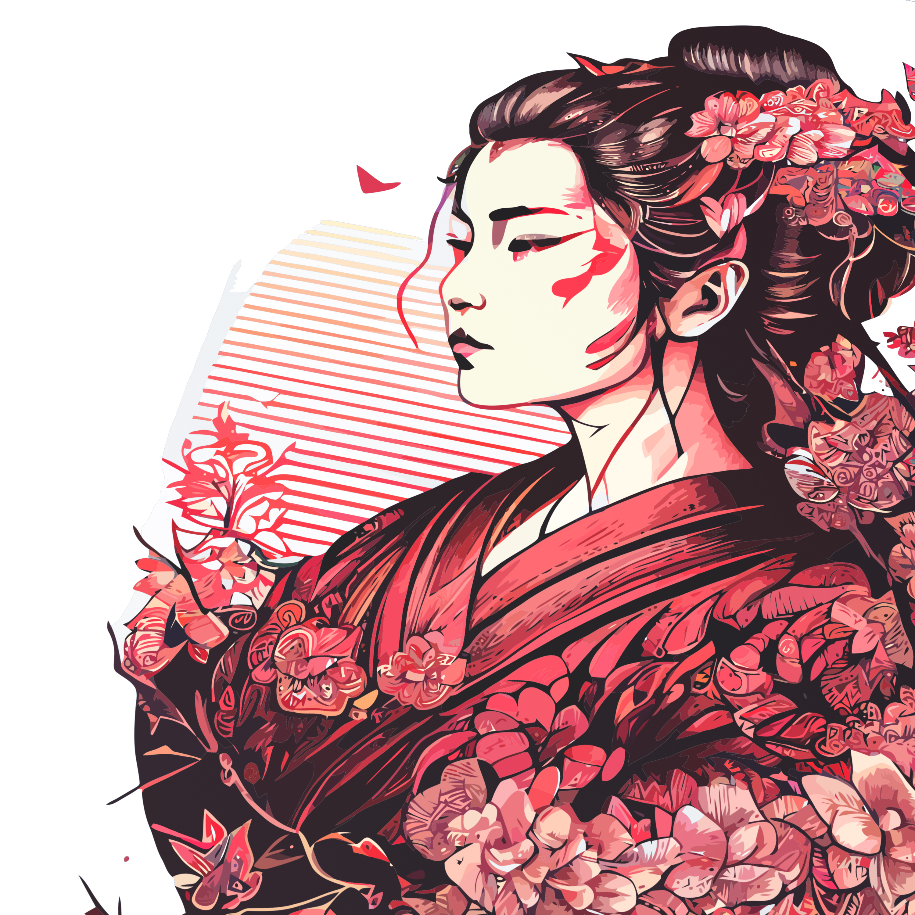Illustration einer japanischen Frau im Profil, umgeben von roten Blumen und einem gestreiften Sonnenuntergang.