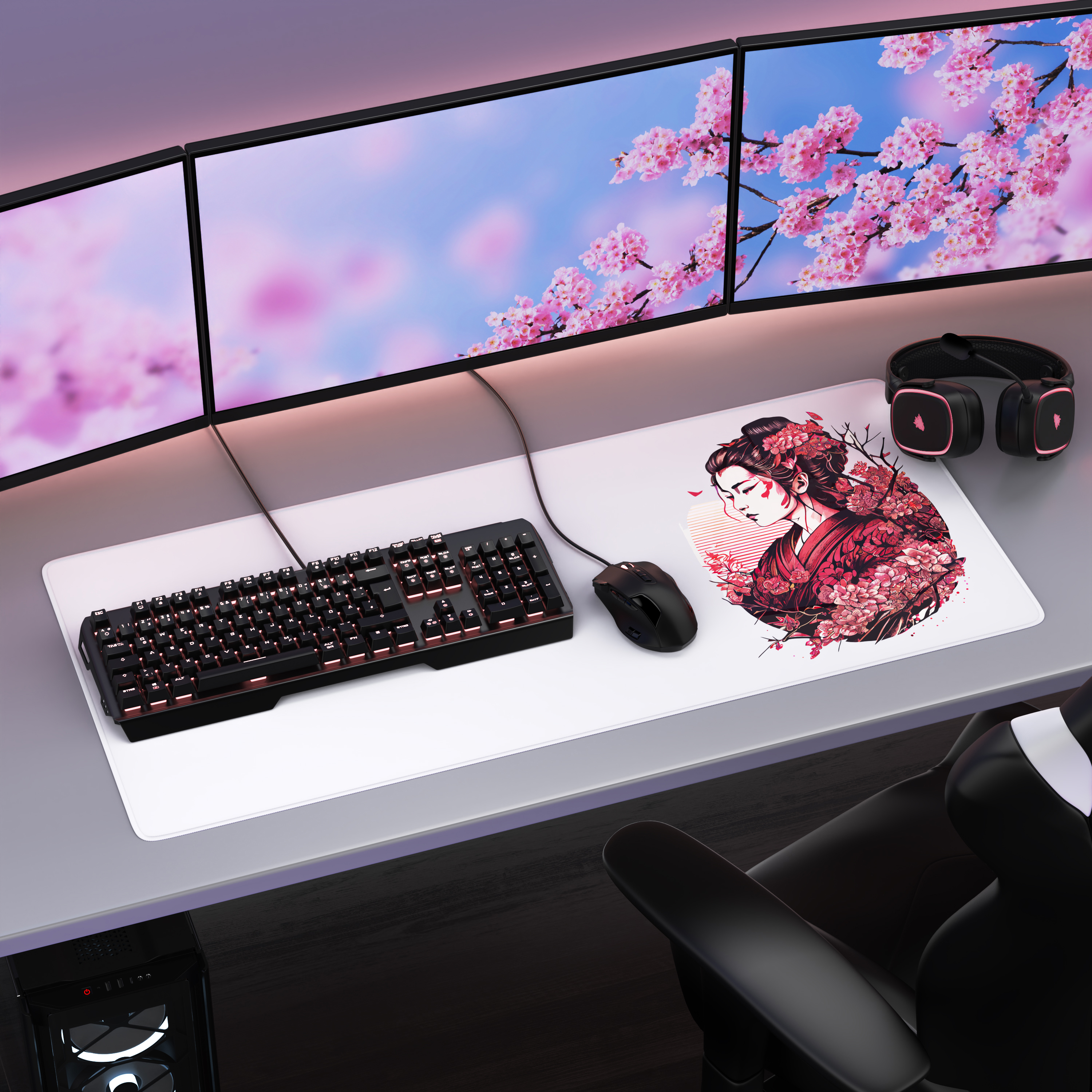 Ein Gaming-Schreibtisch mit drei Monitoren, einer Tastatur, Maus, Kopfhörern und einer Sakura-Mauspad-Grafik.