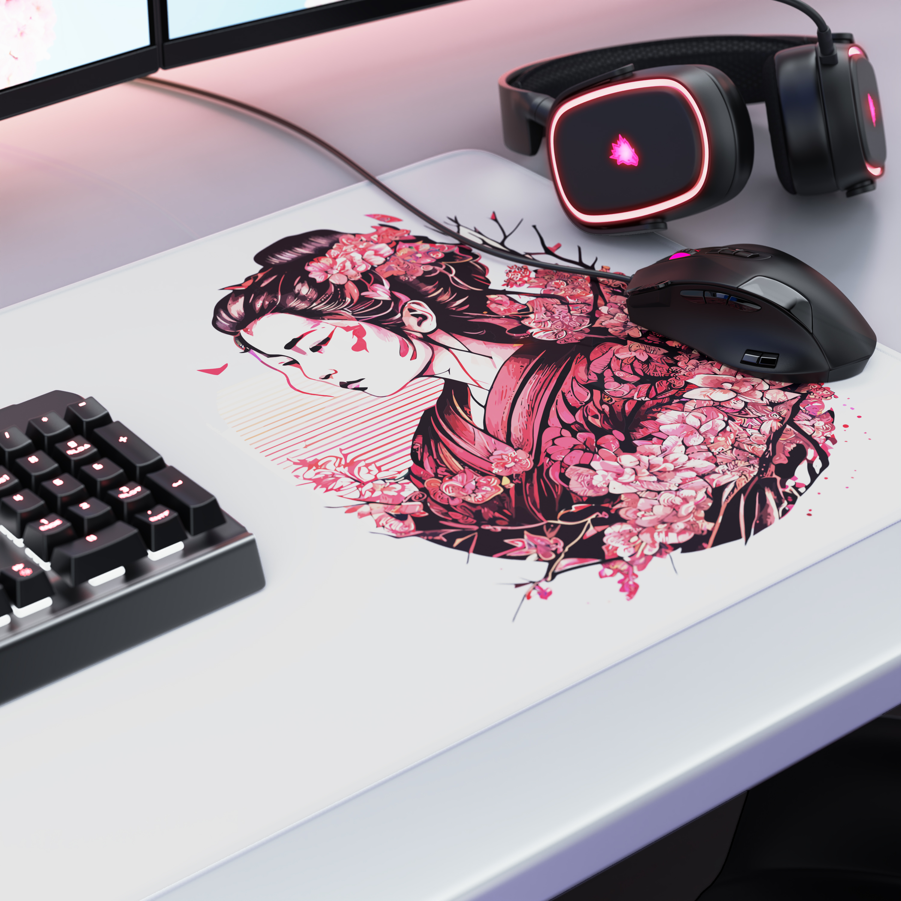 Gaming-Schreibtisch mit Mauspad mit Geisha-Motiv, Gaming-Maus, Tastatur und beleuchtetem Headset.