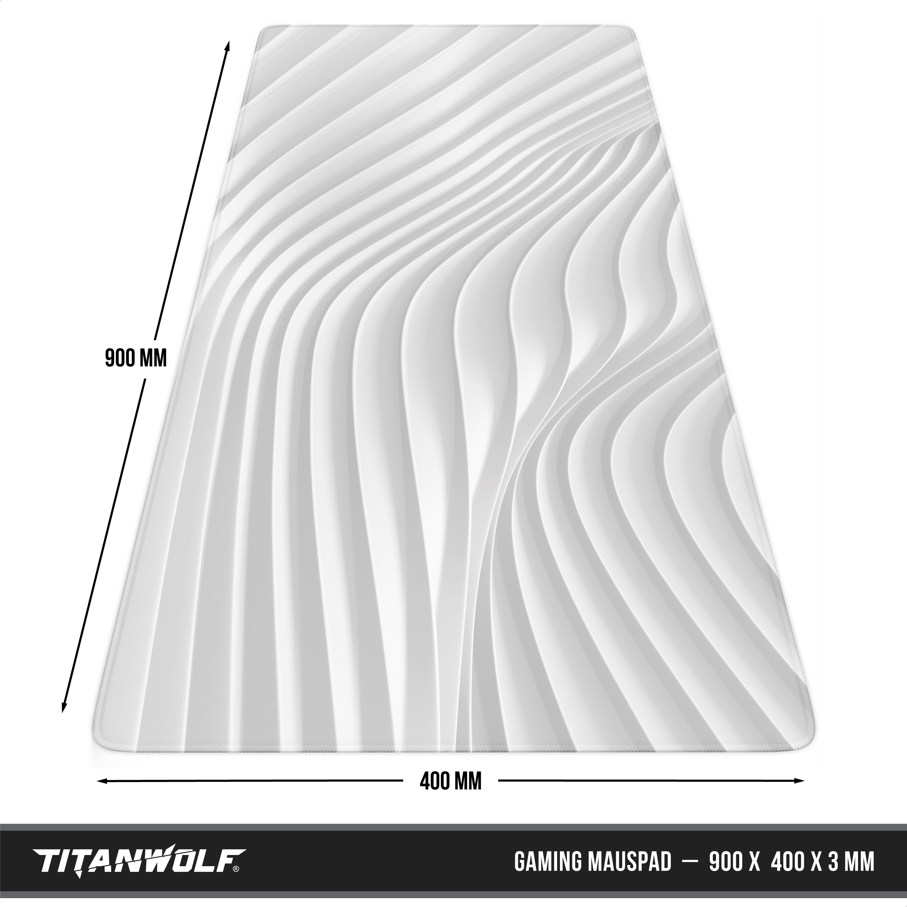 Weißes Titanwolf Gaming-Mauspad, 900x400x3 mm, mit sanft geschwungenem Wellenmuster und Maßangaben.