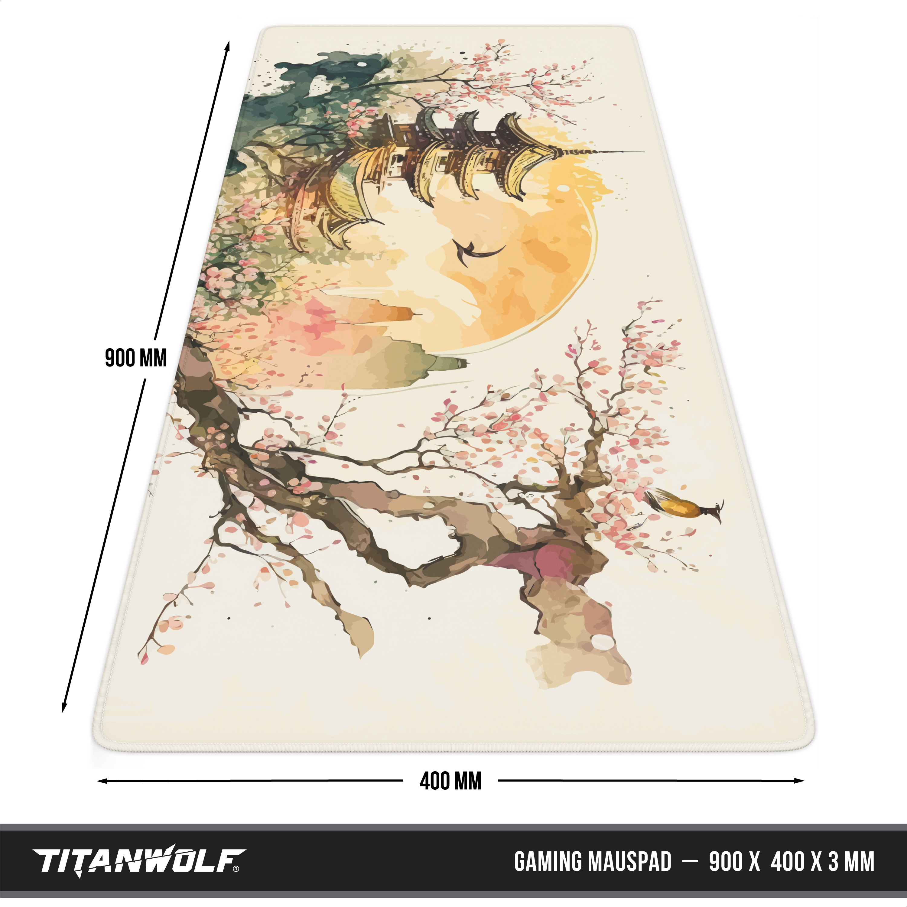 Gaming-Mauspad mit einem Pagoden- und Kirschblüten-Design, Maße 900x400x3 mm.