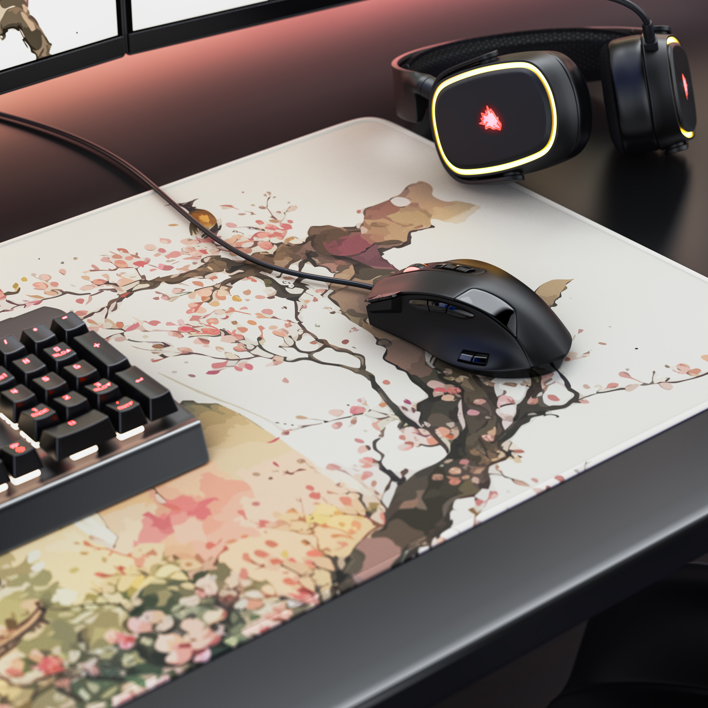 Ein Gaming-Schreibtisch mit Mauspad mit Kirschblütenmuster, schwarzer Maus, Tastatur und Kopfhörern.