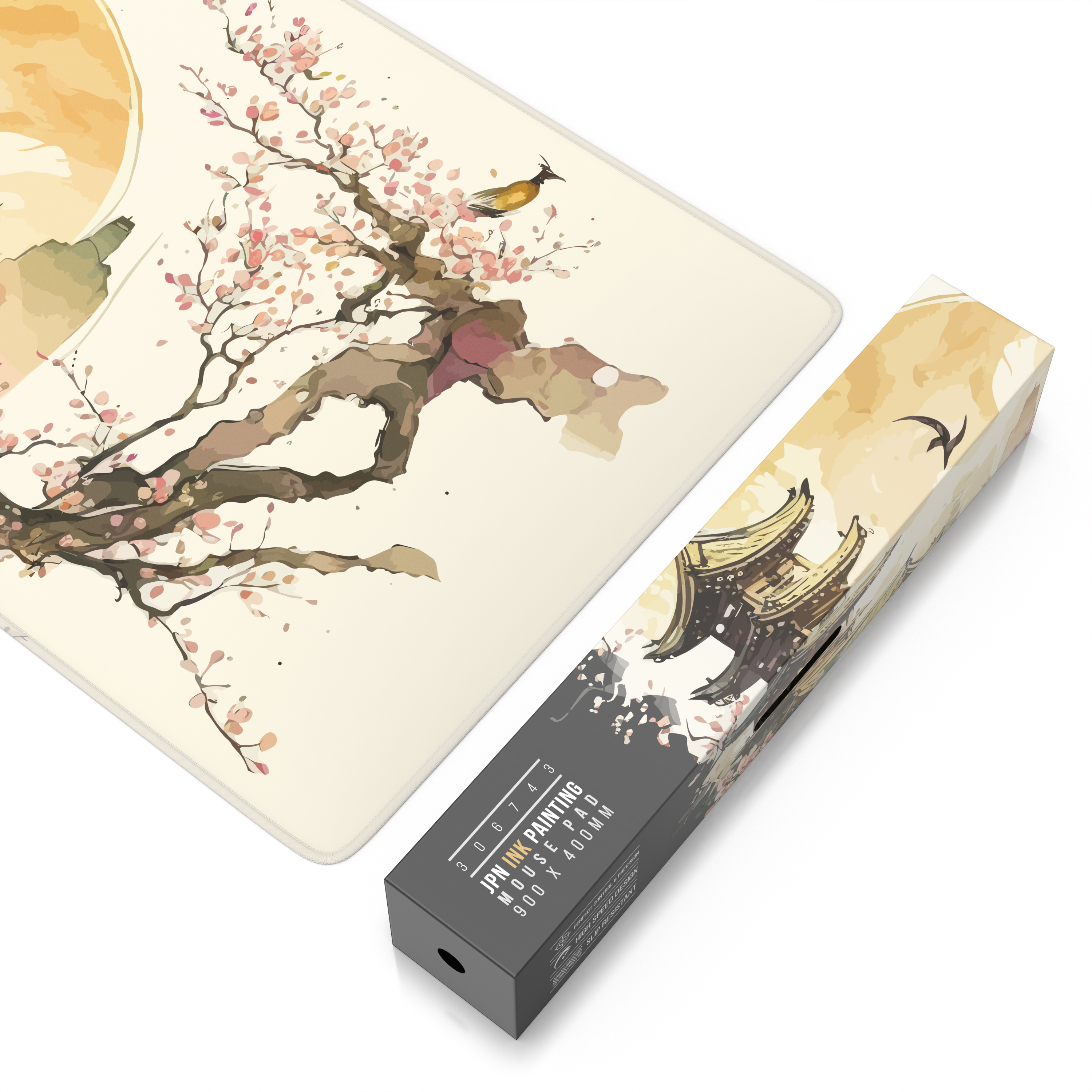 Ein langes Mauspad mit japanischer Kirschblüten-Malerei liegt neben seiner Verpackungsschachtel.
