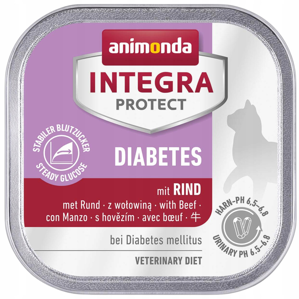 Karma dla kota Animonda Integra Protect Diabetes z wołowiną, fioletowo-biała etykieta z sylwetką kota.
