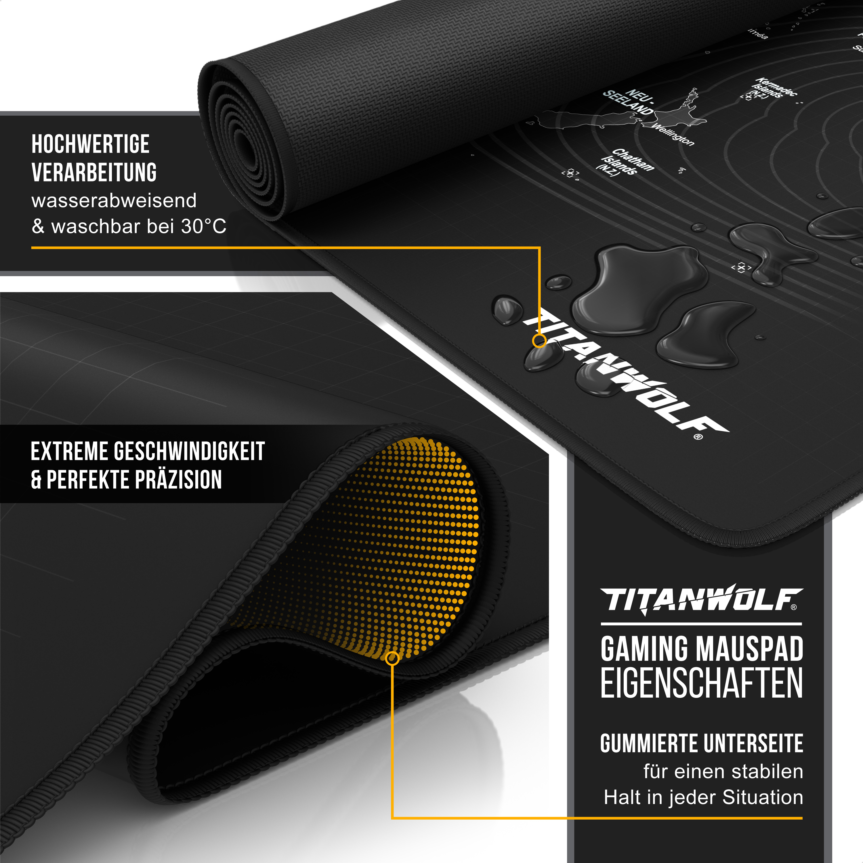 Titanwolf Gaming-Mauspad, wasserabweisend, mit gummiertem Untergrund für Stabilität.