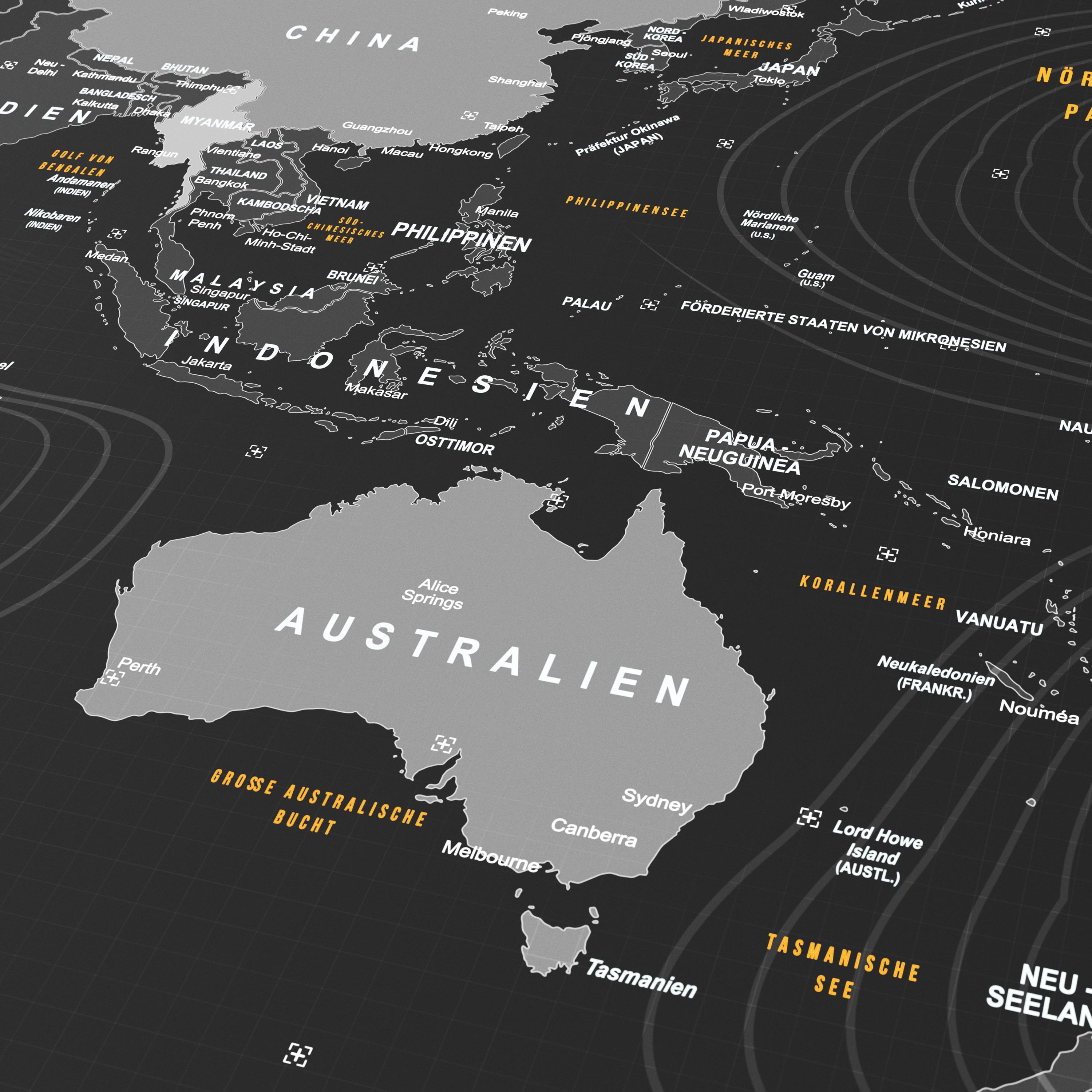 Eine dunkelgraue Weltkarte zeigt Australien, Ozeanien und Südostasien mit weißen Ländern und gelbem Text.
