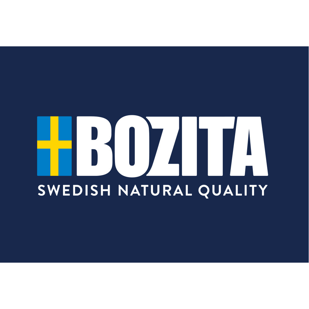 Logo Bozita na ciemnoniebieskim tle ze szwedzką flagą i napisem SWEDISH NATURAL QUALITY.