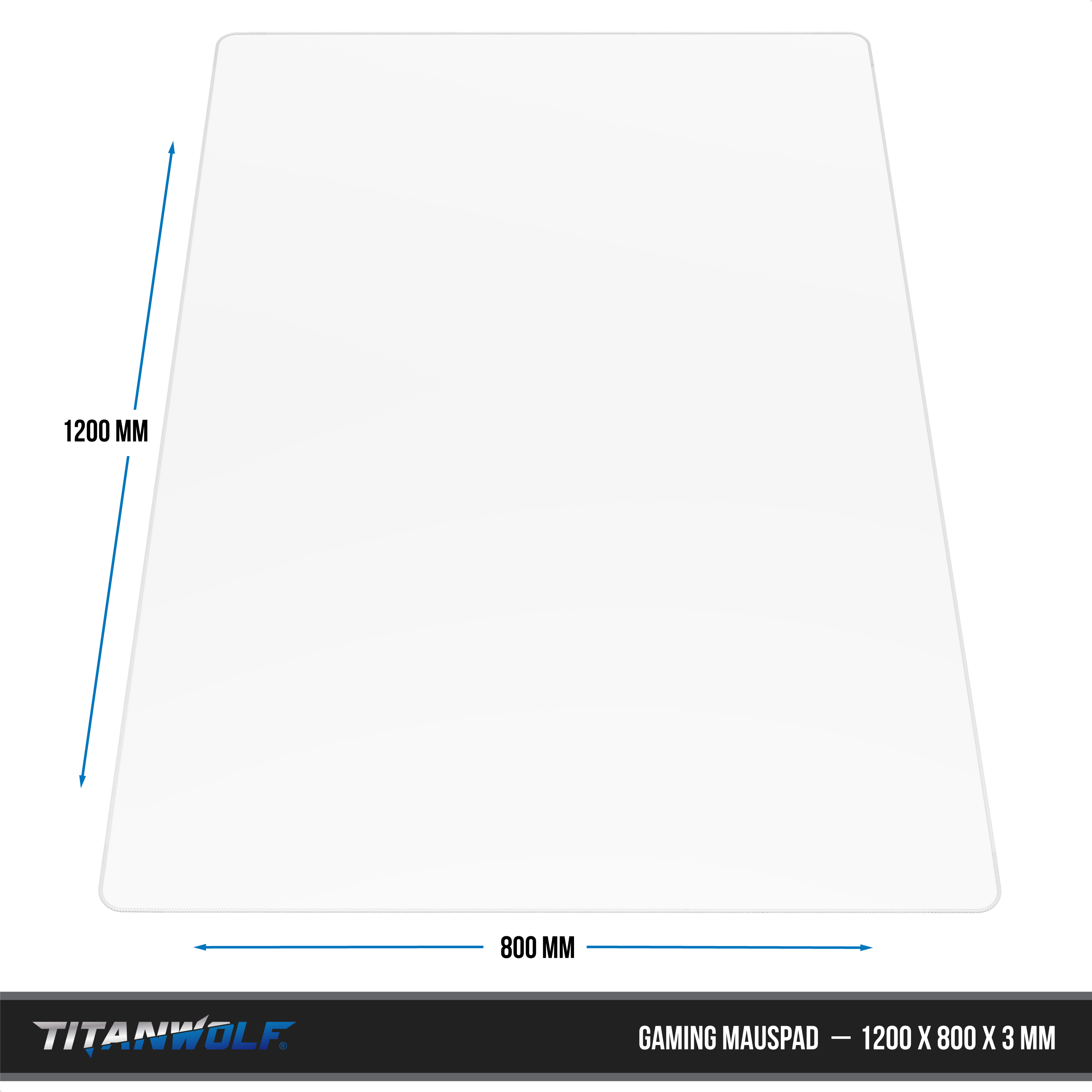Ein großes weißes Titanwolf Gaming-Mauspad mit Maßen von 1200 x 800 x 3 mm auf weißem Hintergrund.