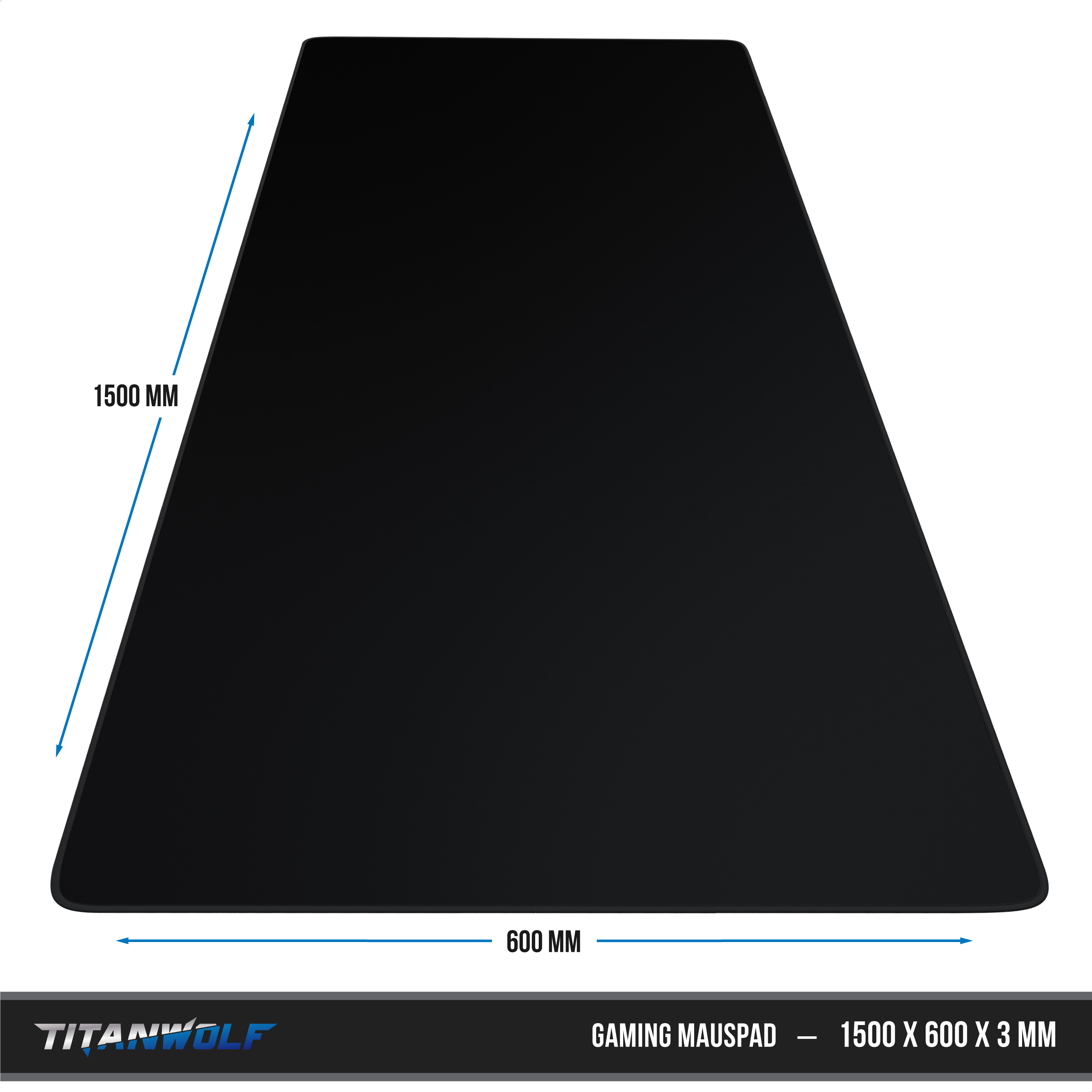 Ein großes schwarzes Gaming-Mauspad mit den Maßen 1500 x 600 mm, angezeigt durch blaue Pfeile auf weißem Hintergrund.