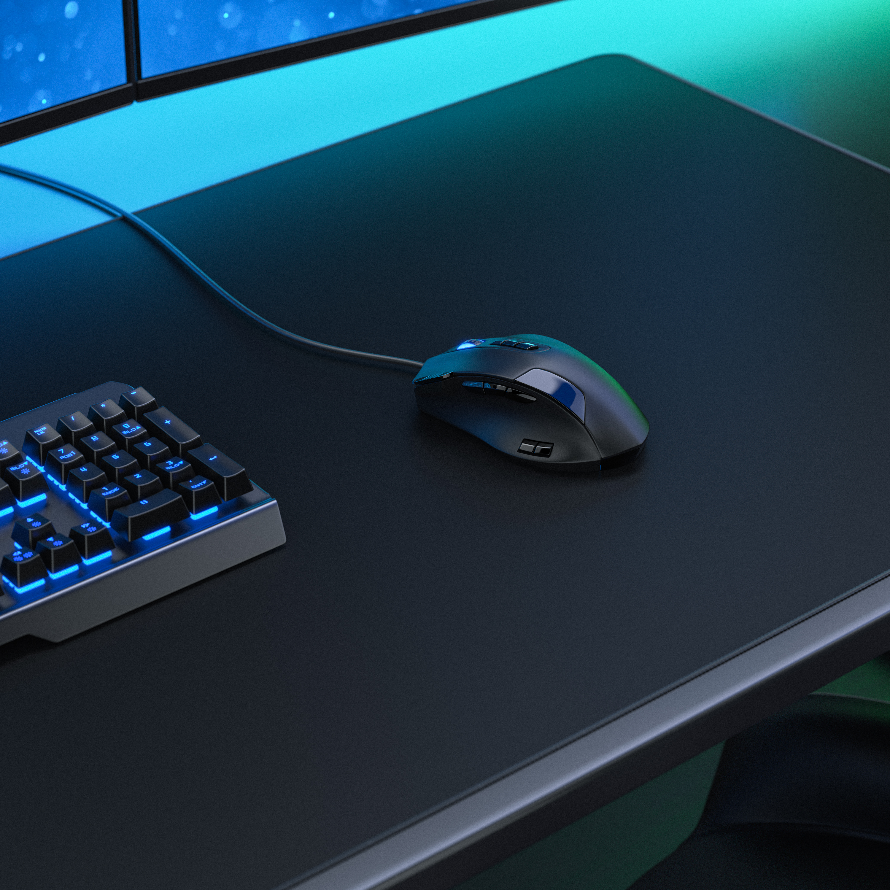 Eine schwarze Gaming-Maus und Tastatur mit blauer Beleuchtung auf einem Schreibtisch.