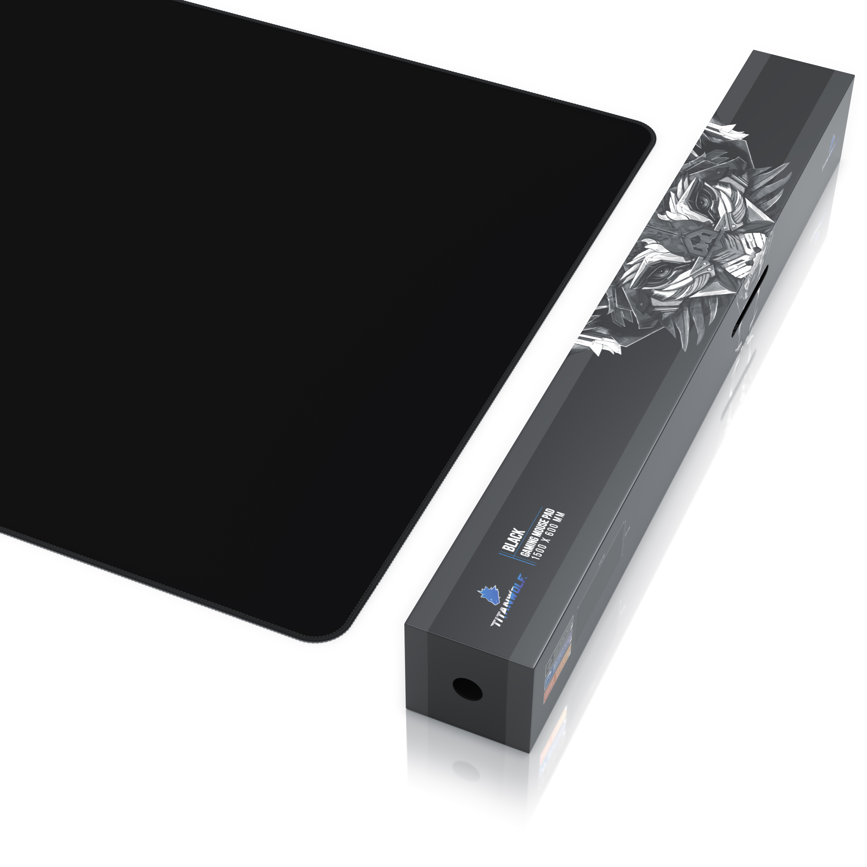 Ein großes schwarzes Gaming-Mauspad liegt neben seiner langen Verpackung mit Wolfsgrafik.