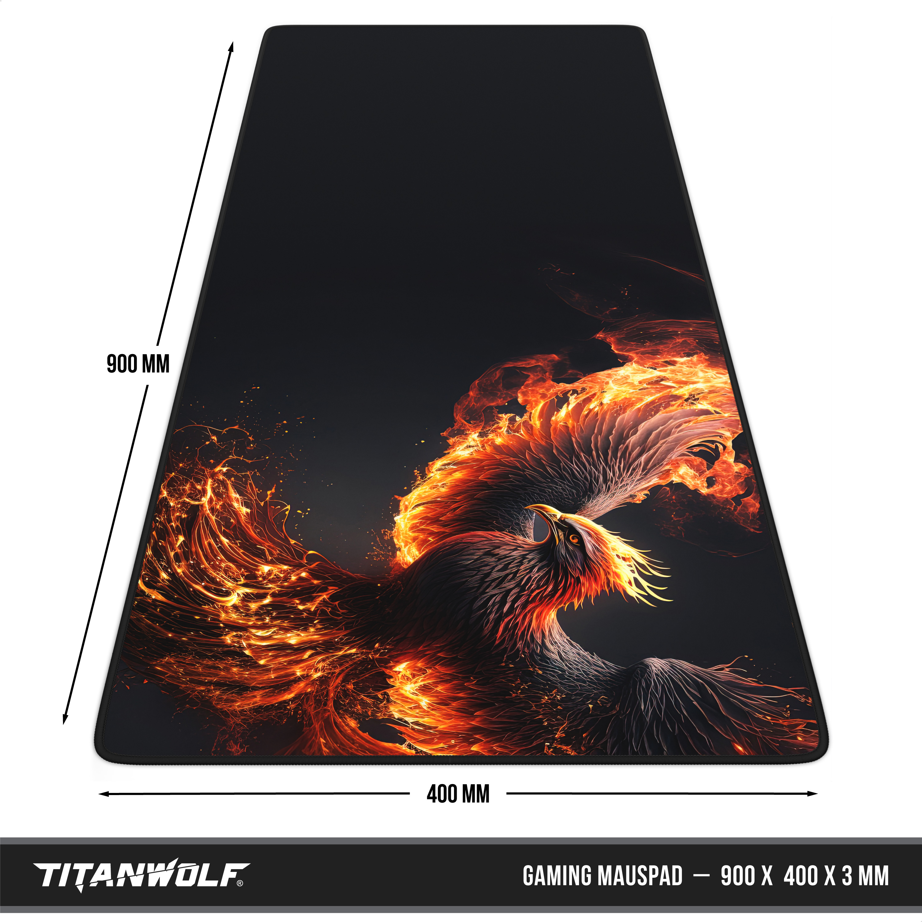 Titanwolf Gaming-Mauspad, 900x400x3 mm, mit einem phönixähnlichen Vogel in leuchtenden Flammen.