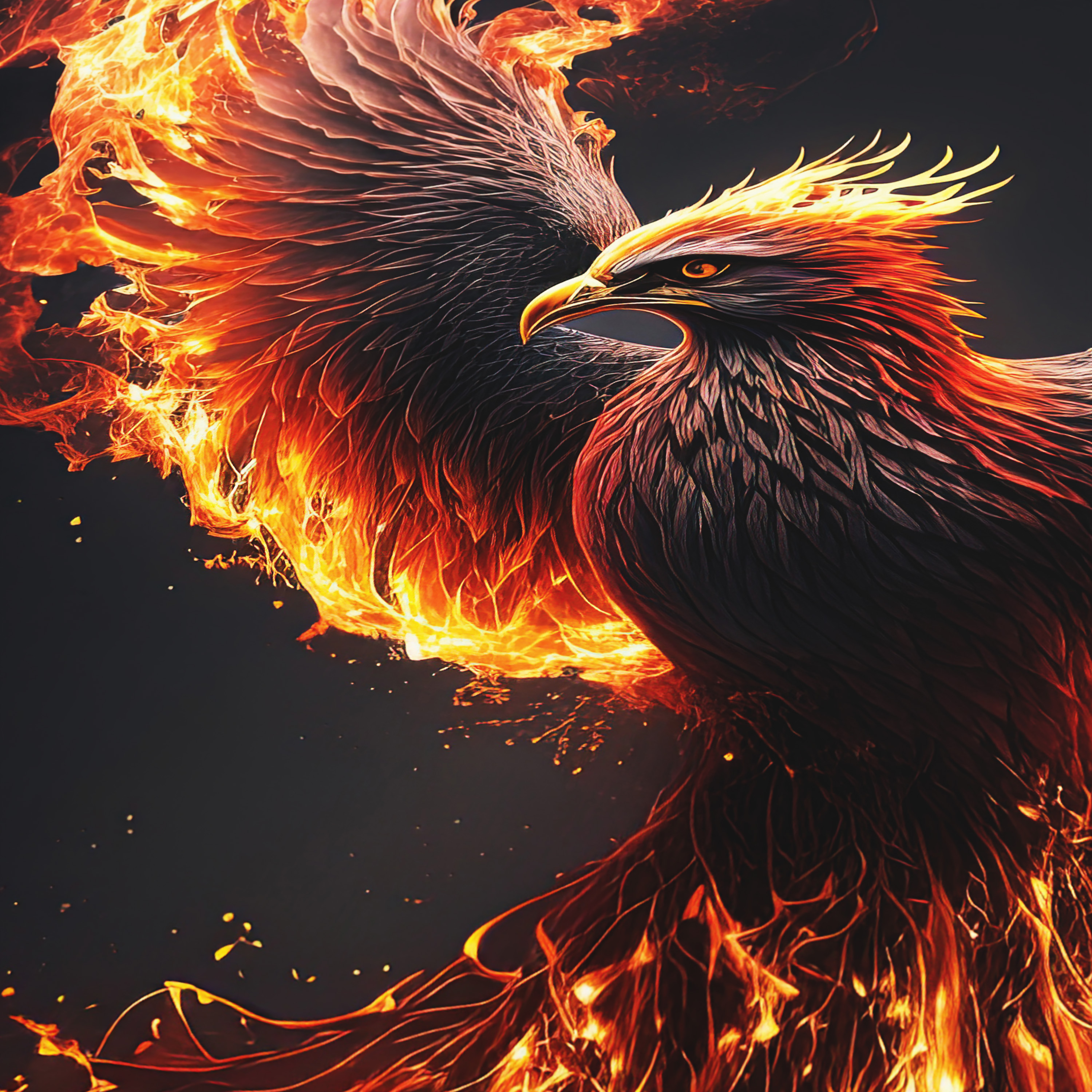 Ein majestätischer Phönix mit dunklen Federn und leuchtenden Flammen, die sich von seinen Flügeln erheben.