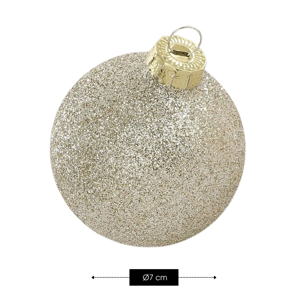 A sparkling gold Christmas ornament ball with a diameter of 7 cm on a white background.
