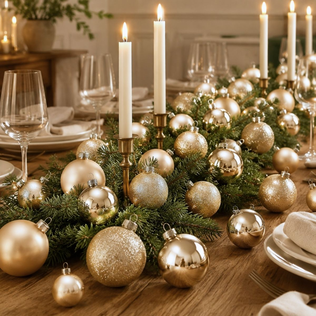 A festive table featuring pine branches, gold Christmas ornaments, lit candles, and wine glasses.
