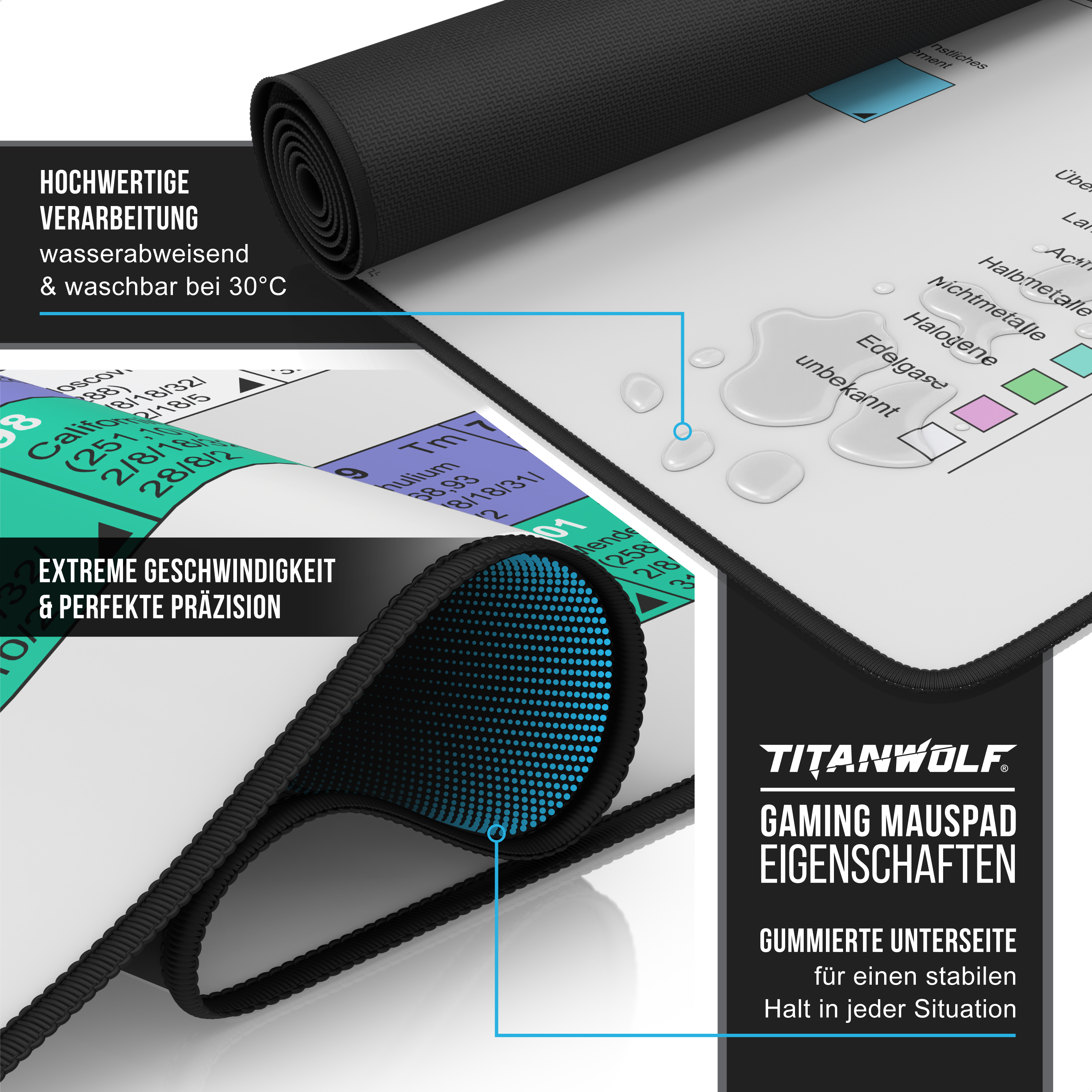 Titanwolf Gaming-Mauspad mit abgerundeten Kanten, wasserabweisender Oberfläche und chemischem Periodensystem-Design.