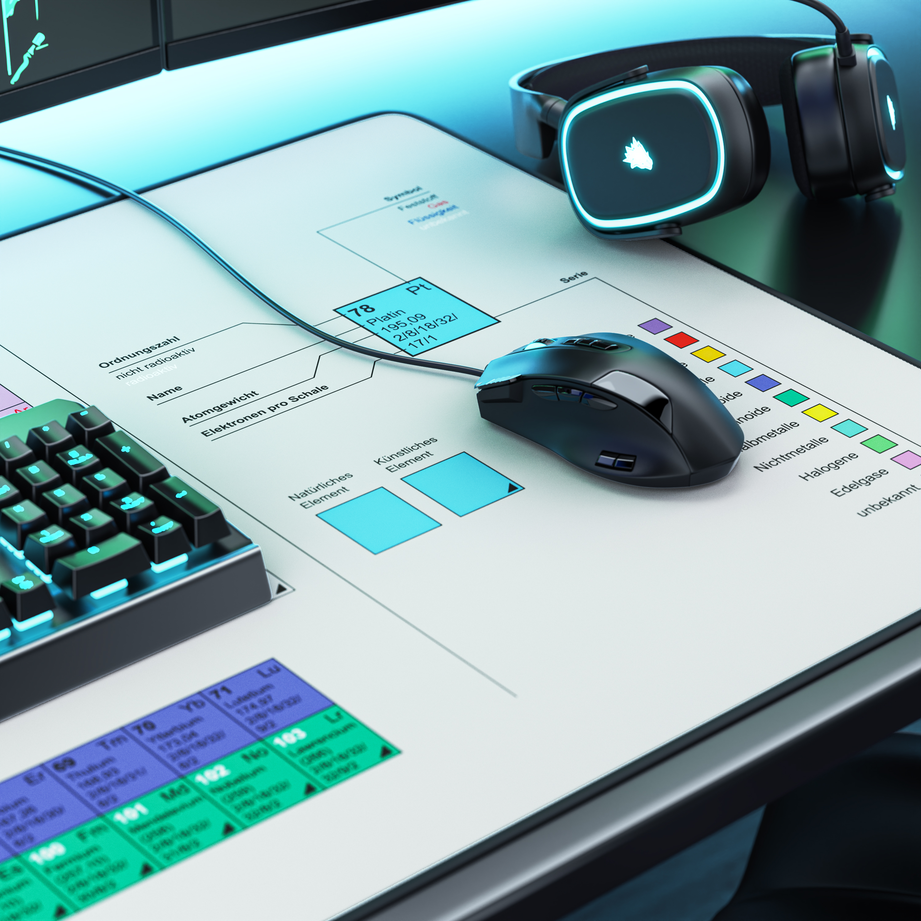 Gaming-Schreibtisch mit einer Schreibtischunterlage im Periodensystem-Design, einer Maus, einer Tastatur und einem Headset.