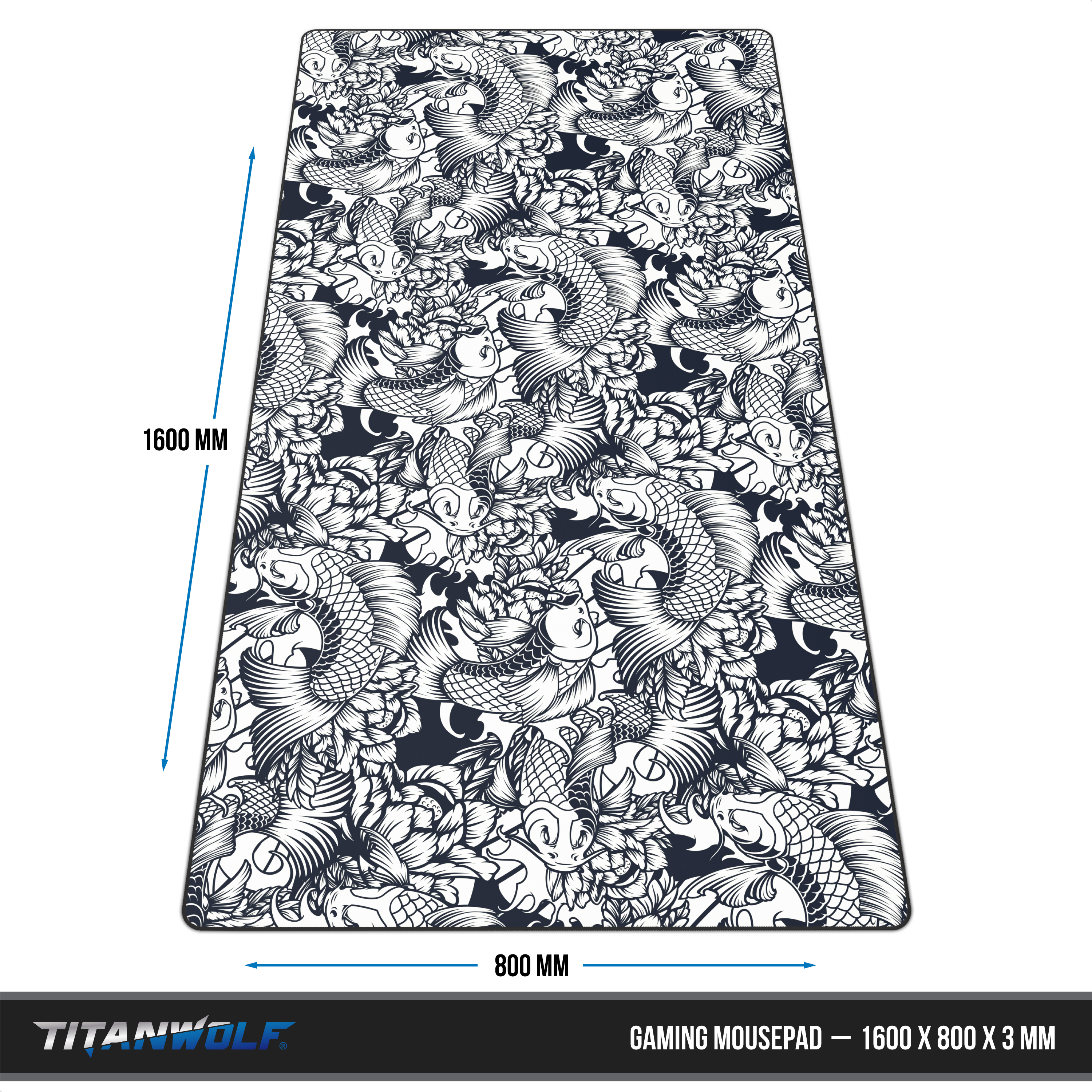 Gaming-Mauspad, 1600x800x3 mm, mit schwarz-weißem Koi-Karpfen- und Blumenmuster.