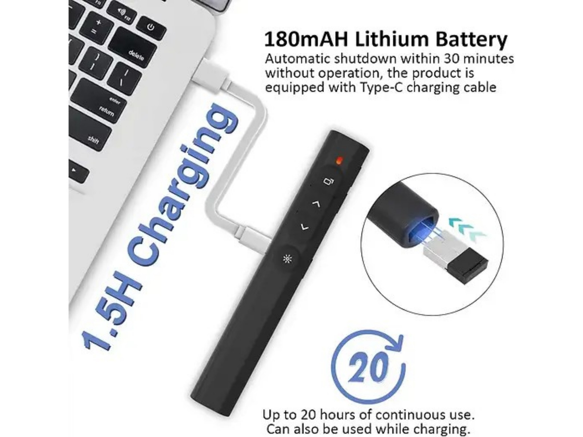 Präsentations-Fernbedienung mit USB-Ladekabel, Laptop und Text über Akkulaufzeit.