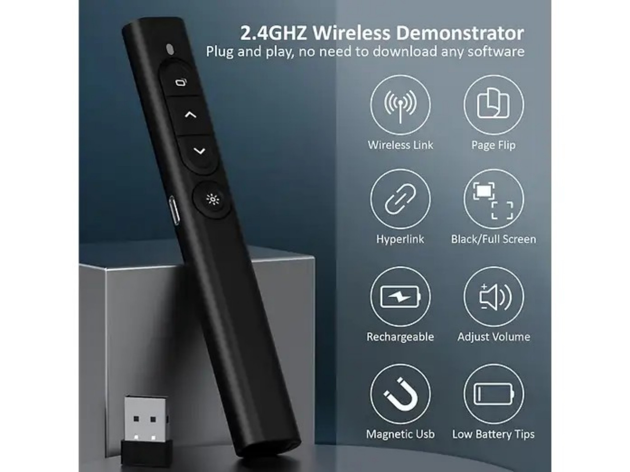Schwarzer 2,4GHz Funkpräsentator mit USB-Empfänger und Funktionssymbolen.