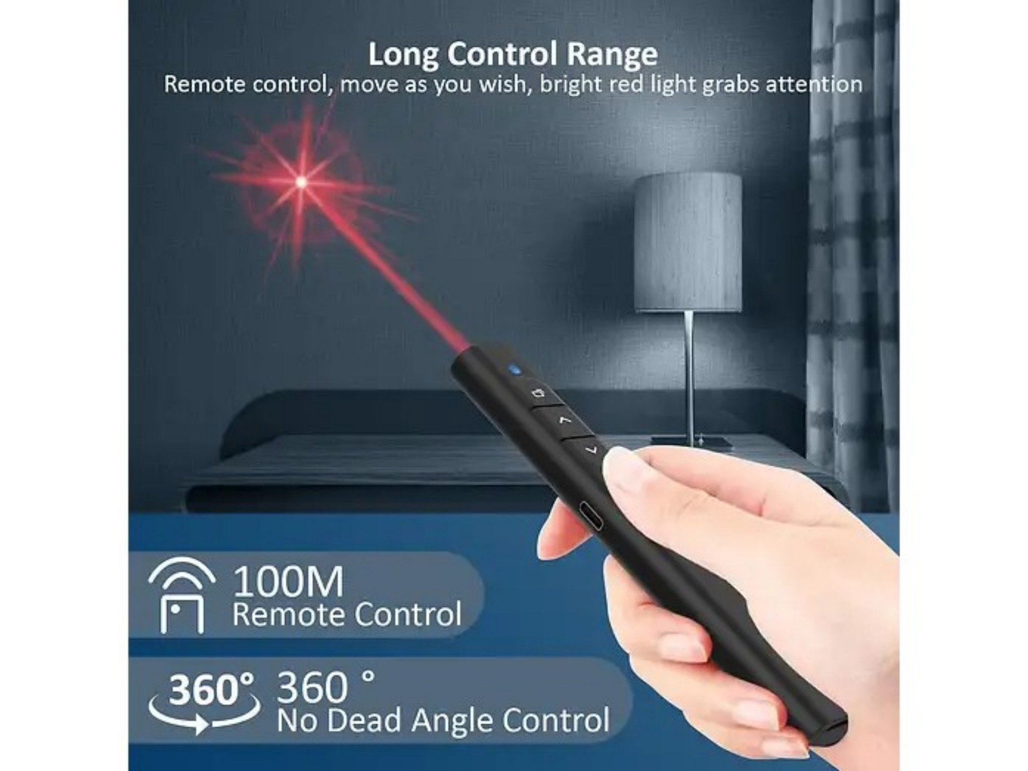 Hand hält einen schwarzen Präsentationsstift, der einen roten Laserstrahl an eine Wand in einem Schlafzimmer projiziert.