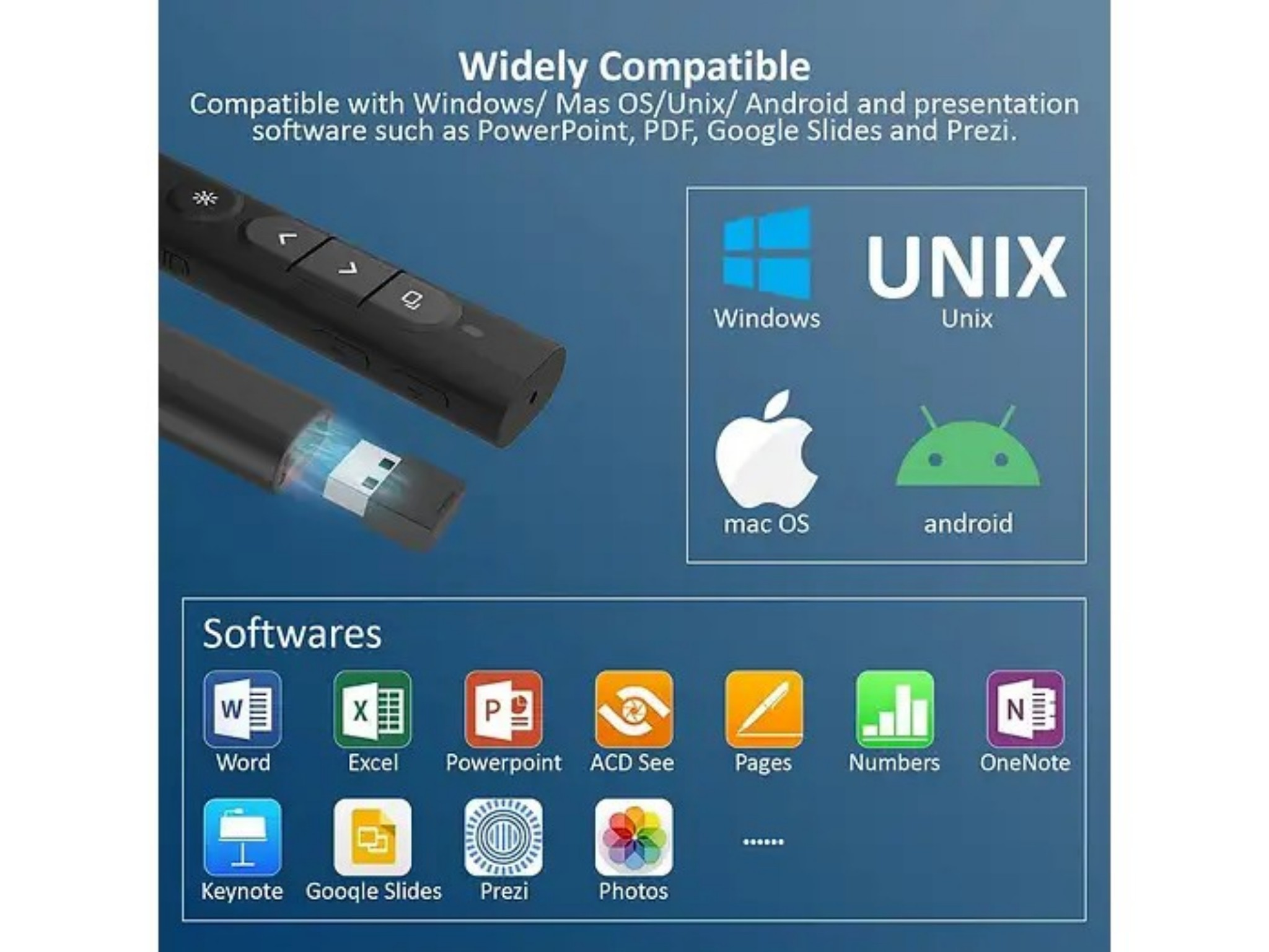 Präsentationserklärung mit Symbolen für Windows, Mac, Unix, Android und Software wie PowerPoint und Word.
