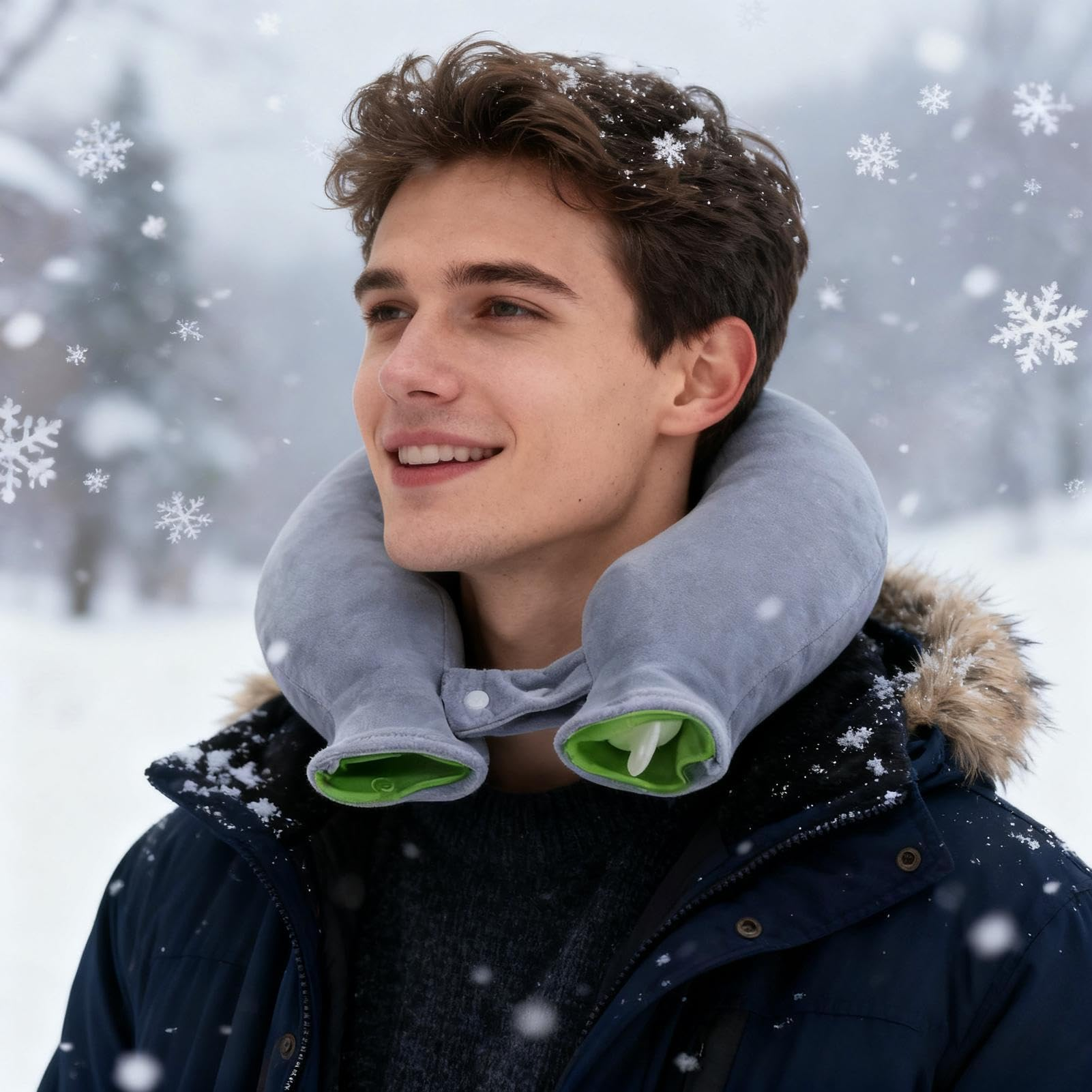 Ein junger Mann mit grauem Nackenhissen und dunkler Winterjacke steht draußen im fallenden Schnee.