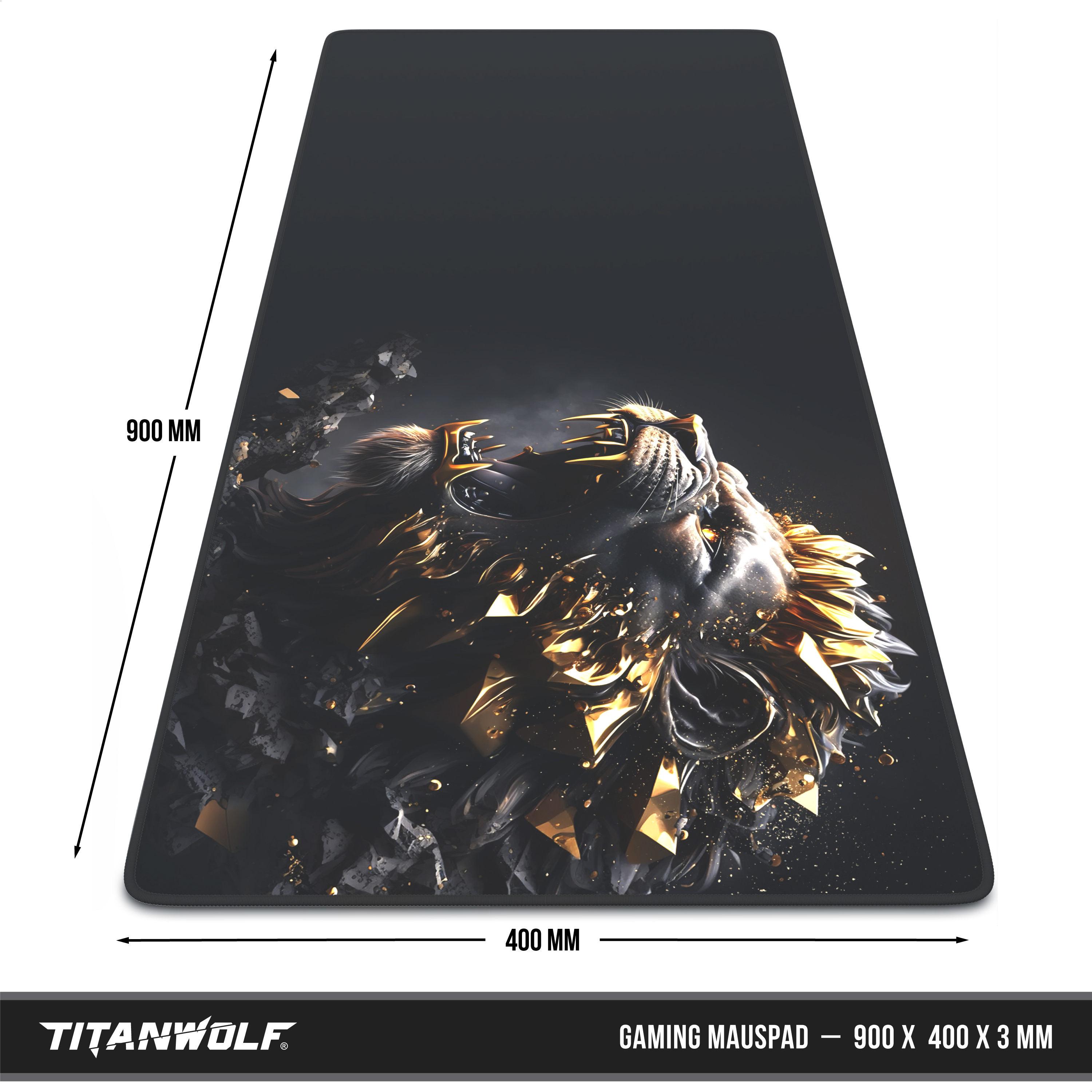 Titanwolf Gaming-Mauspad, 900x400x3 mm, mit einer dunklen Löwenillustration in Gold- und Schwarztönen.