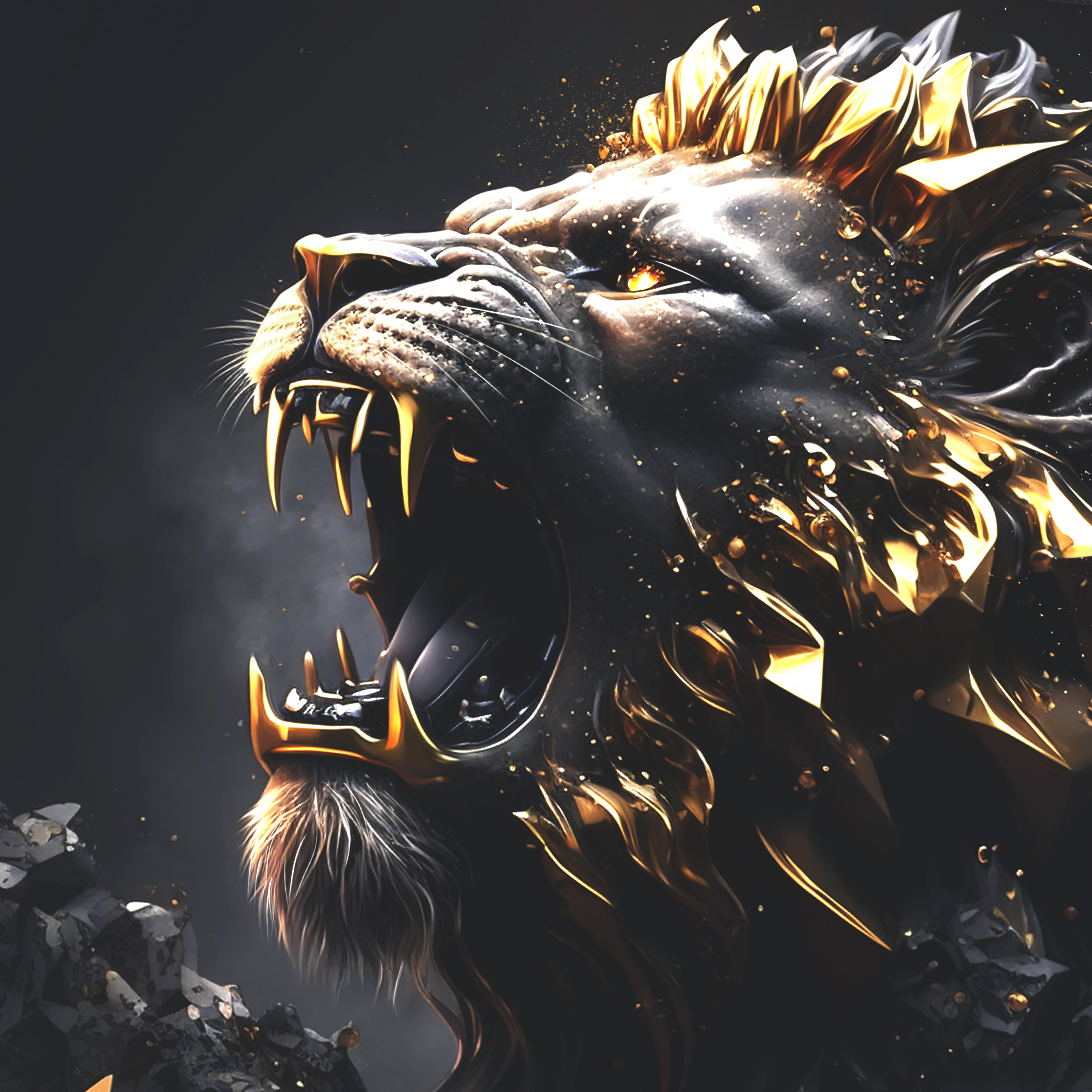 Ein majestätischer Löwe aus schwarzem Metall mit goldenen Akzenten brüllt mit weitem Maul.