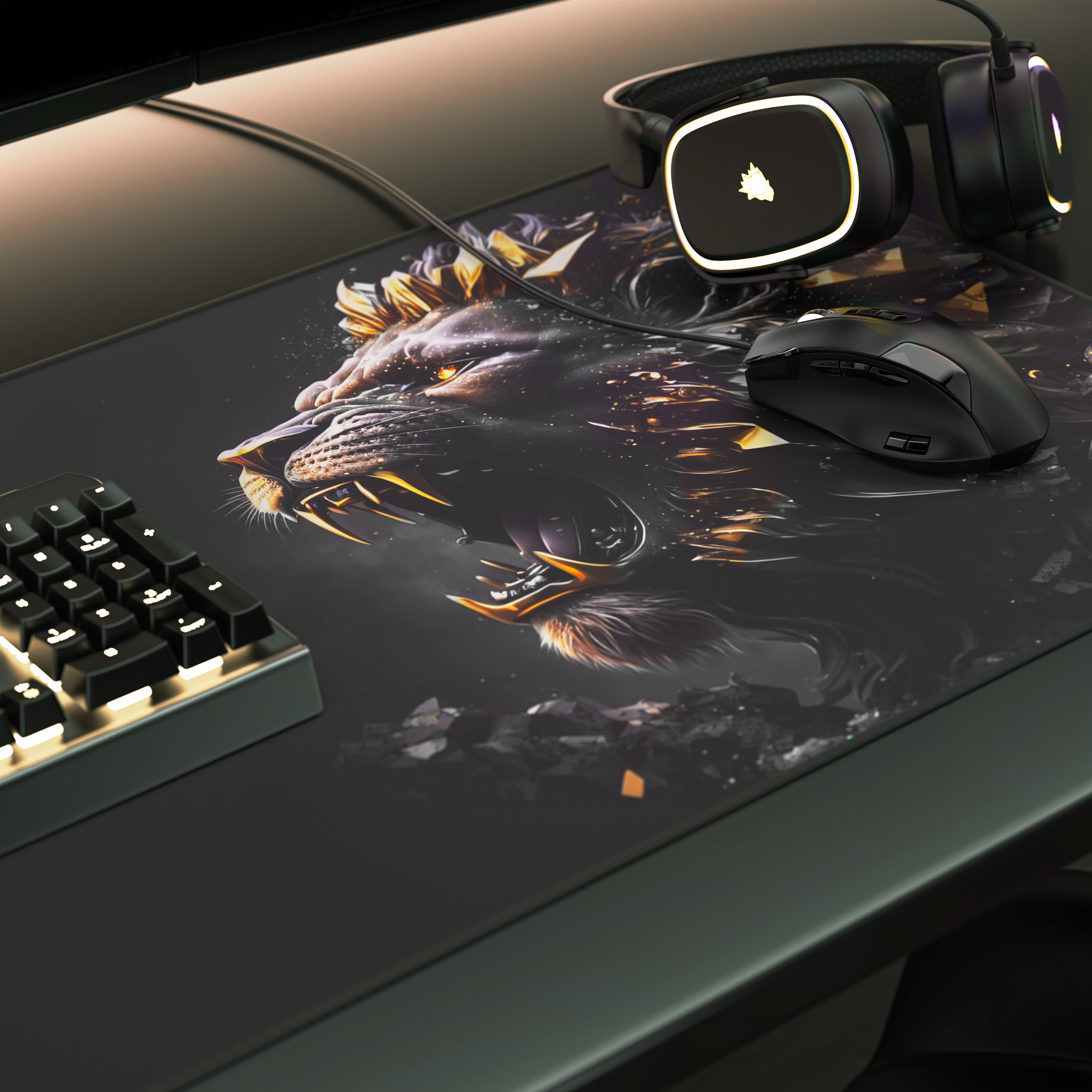 Ein Gaming-Setup mit Mauspad mit Löwenmotiv, schwarzer Maus, Tastatur mit leuchtenden Tasten und leuchtenden Kopfhörern.