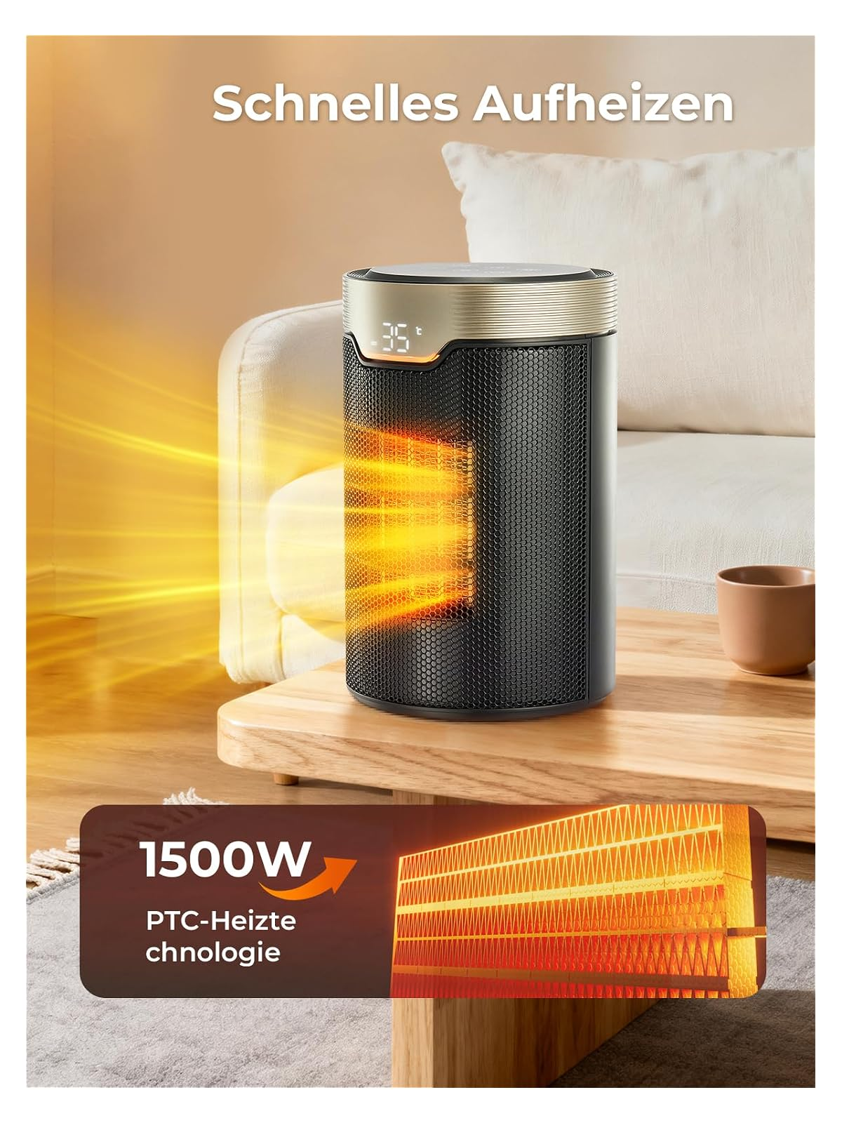 Ein schwarzer zylindrischer Heizlüfter auf einem Holztisch strahlt in einem Wohnzimmer orange Hitze aus.