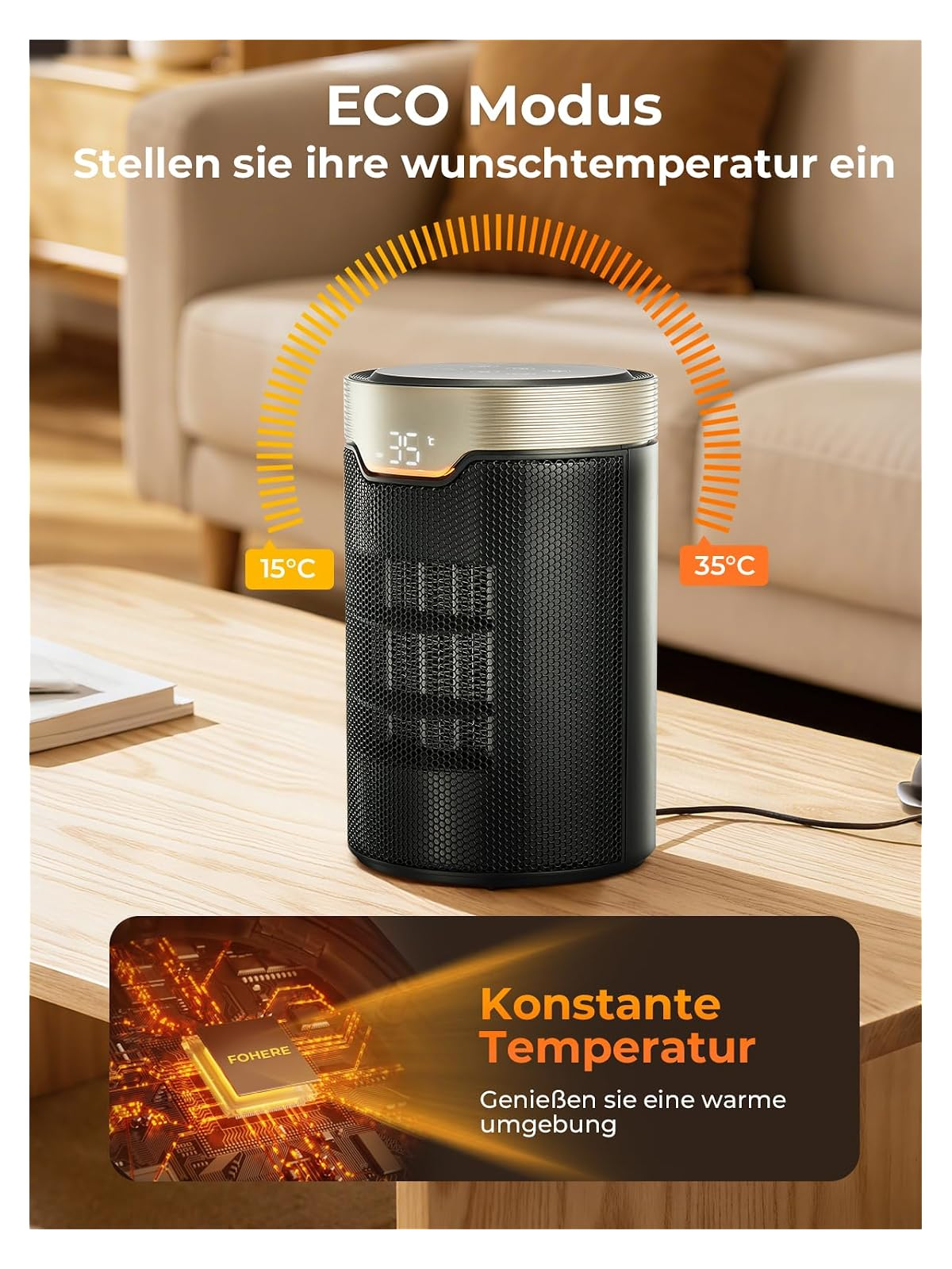 Ein schwarzer Keramik-Heizlüfter steht auf einem Holztisch, im Hintergrund ein Sofa in einem Wohnzimmer.
